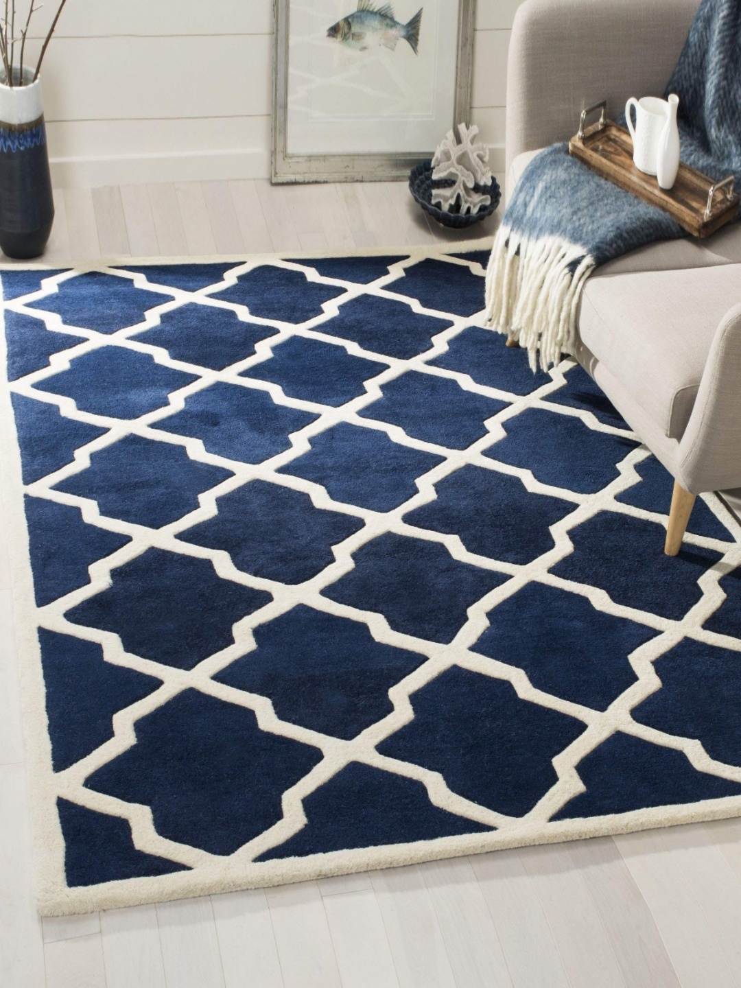 

IMRA CARPET Turquoise Blue Ethnic Motifs Hand-Tufted Woollen Carpet