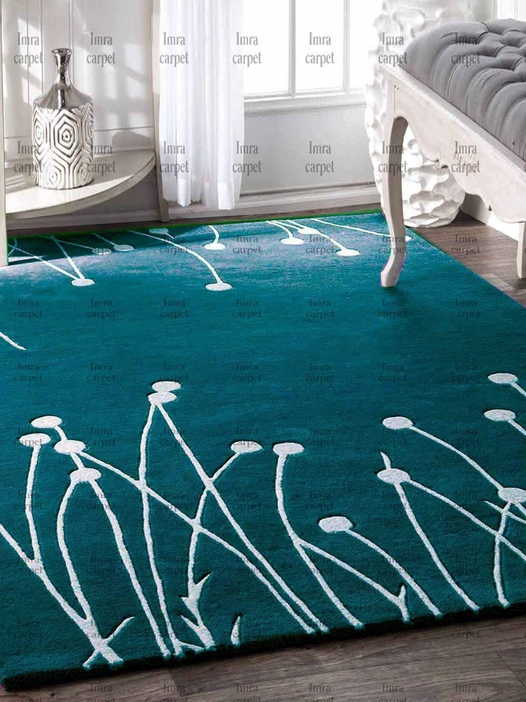 

IMRA CARPET Blue & White Floral Shaggy Rectangle Woollen Carpet