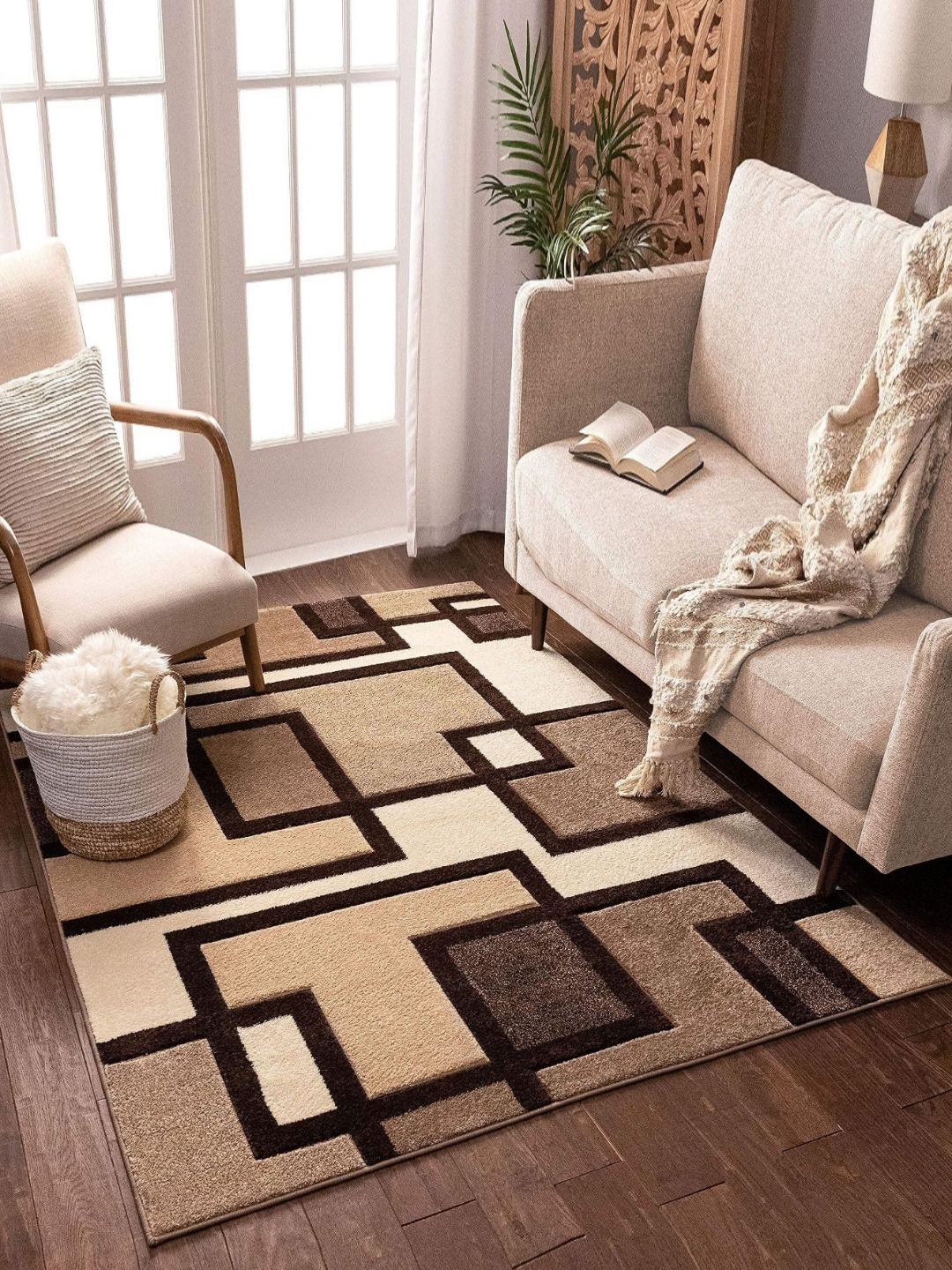 

IMRA CARPET Brown & Black Geometric Shaggy Rectangle Woollen Carpet