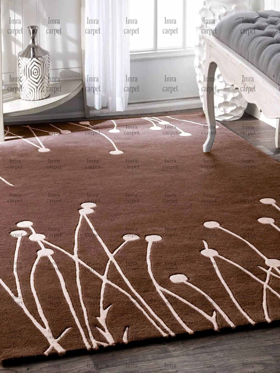 

IMRA CARPET Brown & White Floral Woollen Shaggy Carpet