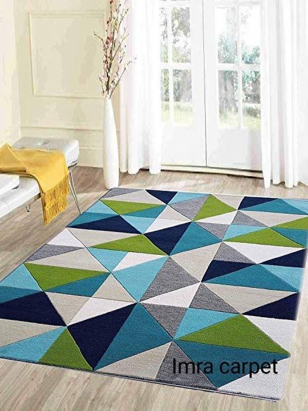 

IMRA CARPET Green & Blue Geometric Printed Woollen Shaggy Carpet