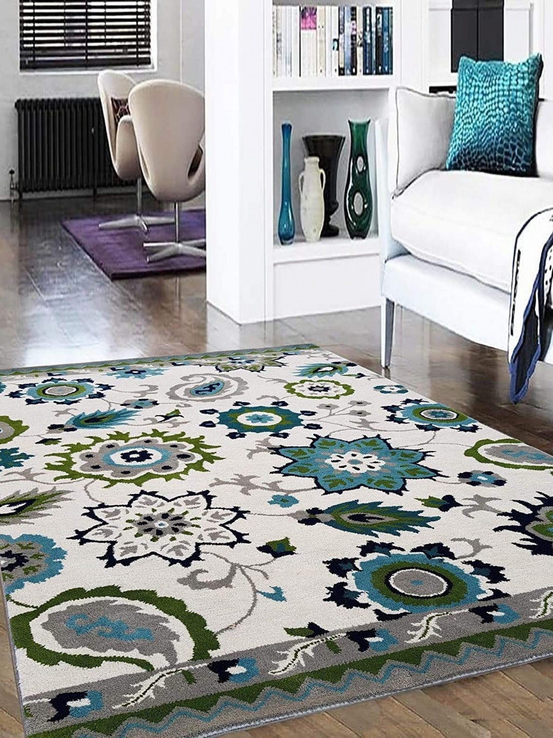 

IMRA CARPET White & Blue Floral Rectangular Carpet