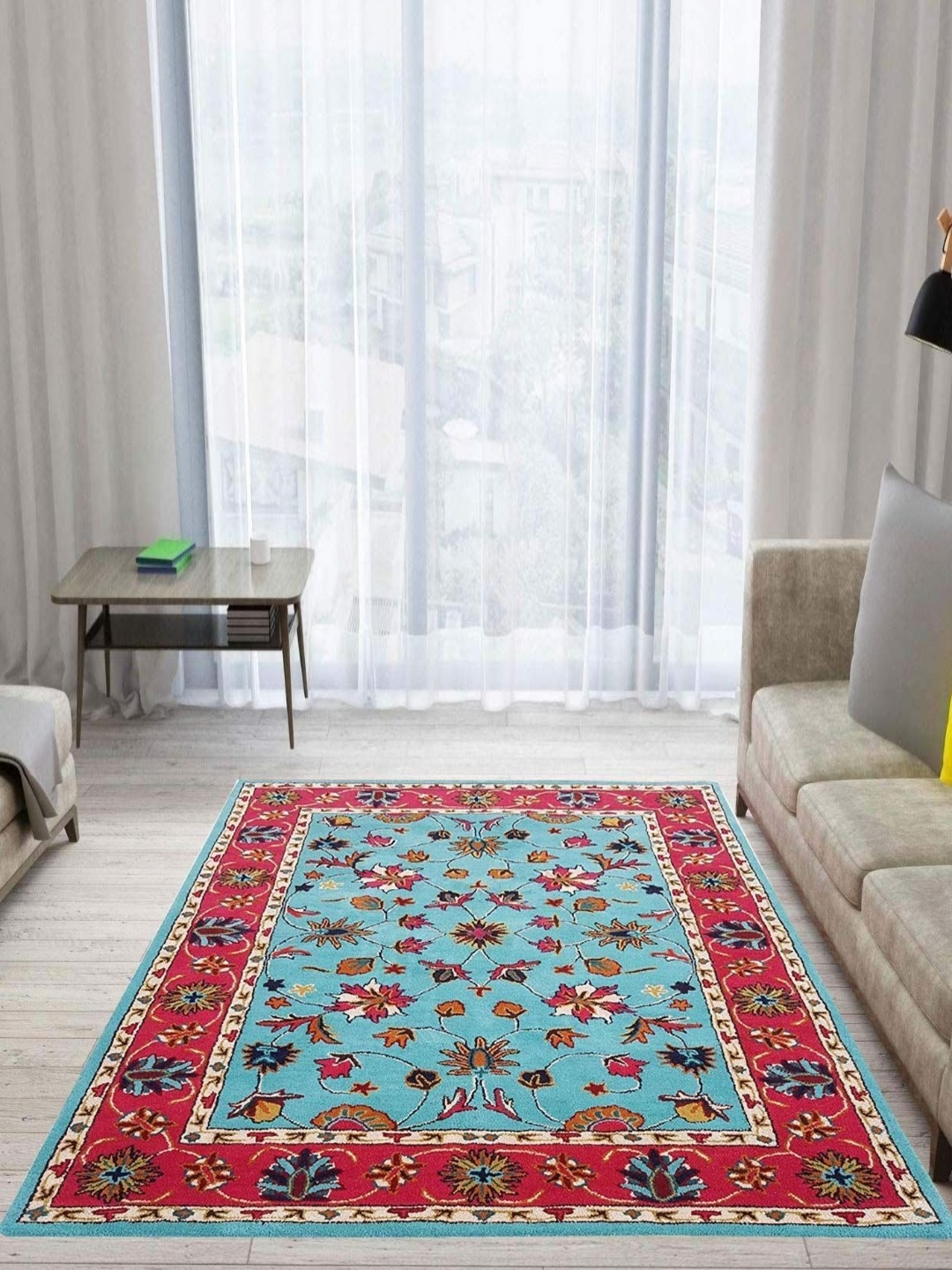 

IMRA CARPET Turquoise Blue & Red Floral Printed Woollen Shaggy Carpet