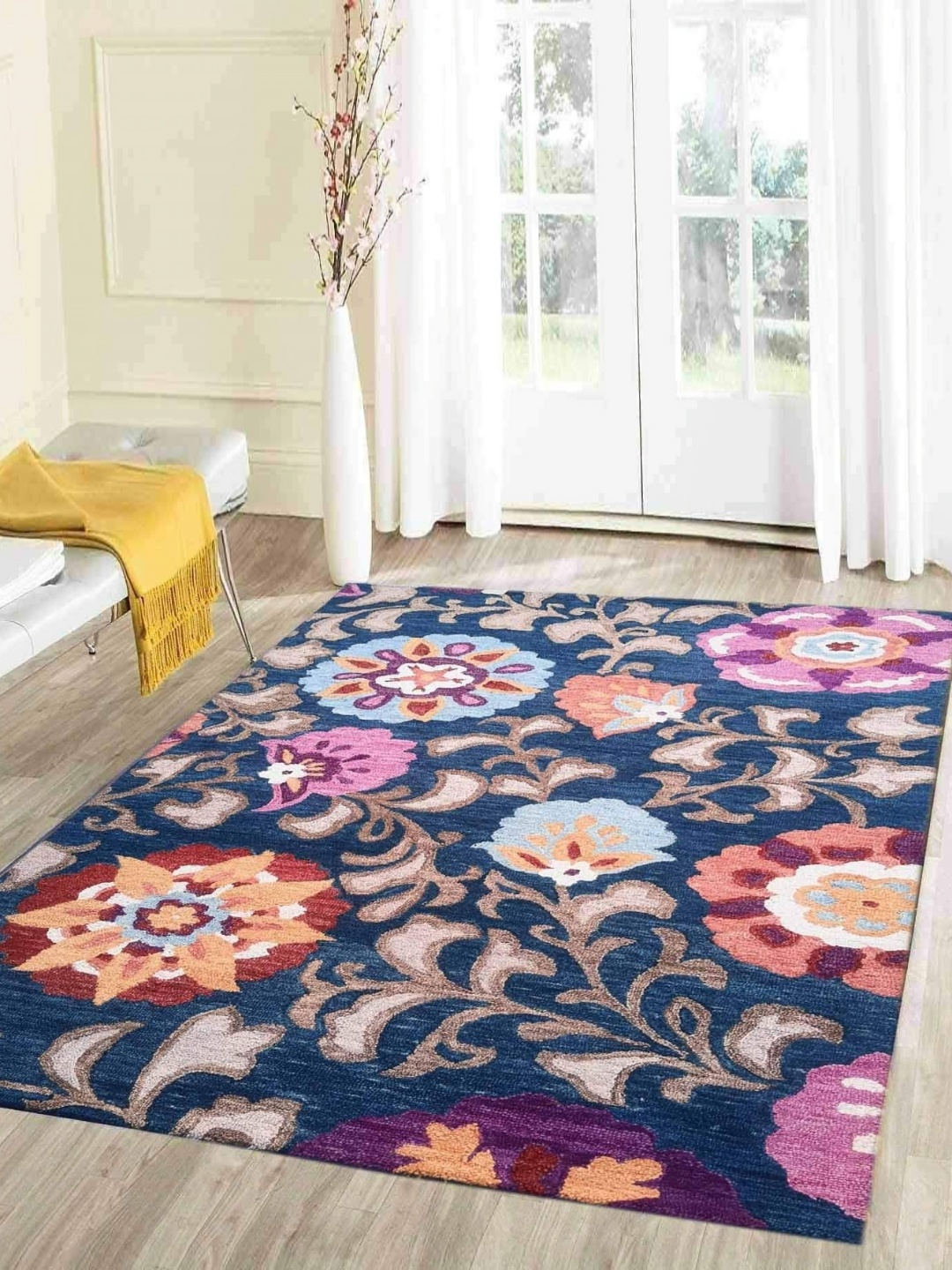 

IMRA CARPET Turquoise Blue & Pink Floral Woollen Rectangular Shaggy Carpet