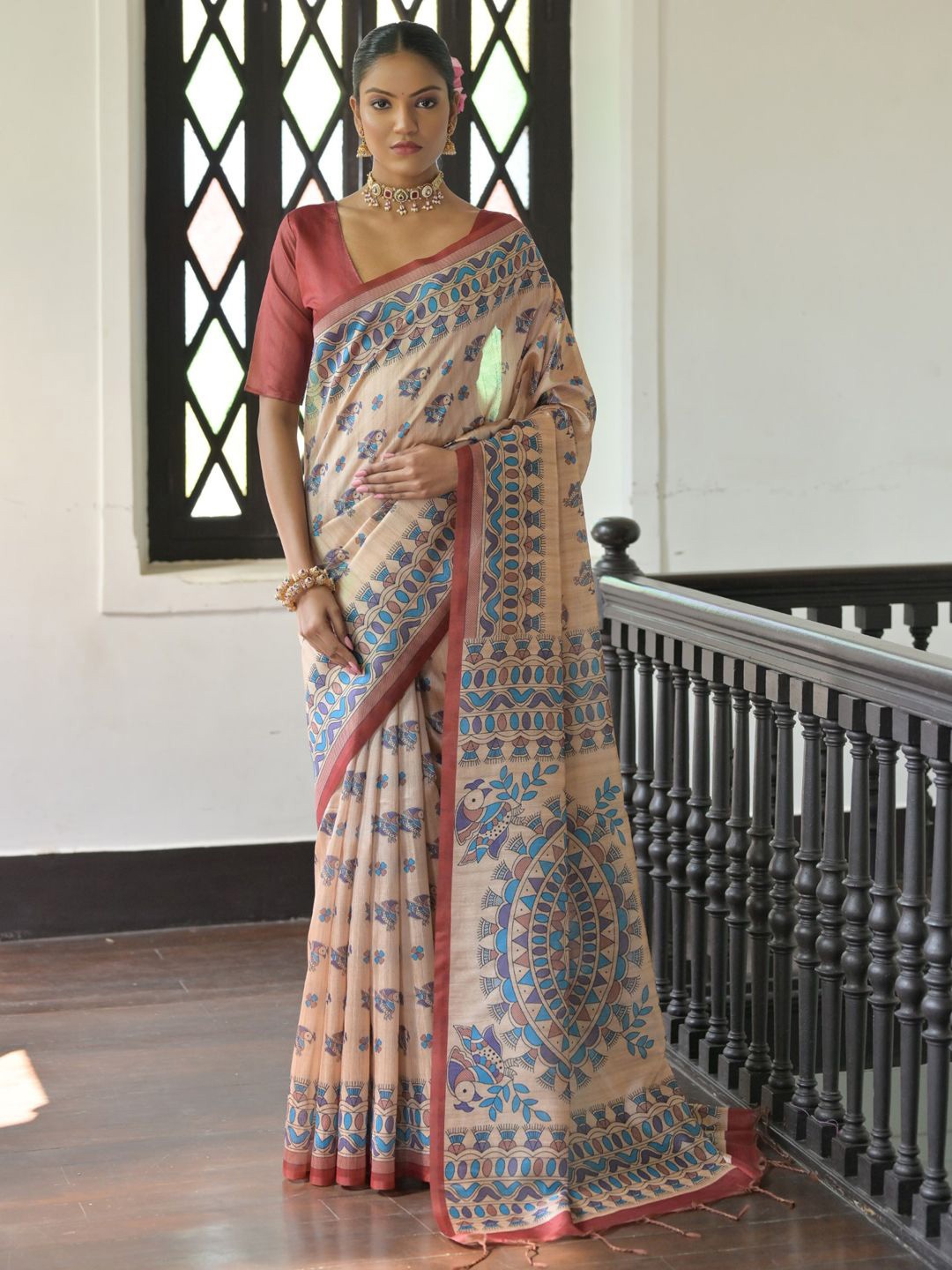 

Panzora Ethnic Motifs Printed Tussar Saree, Red