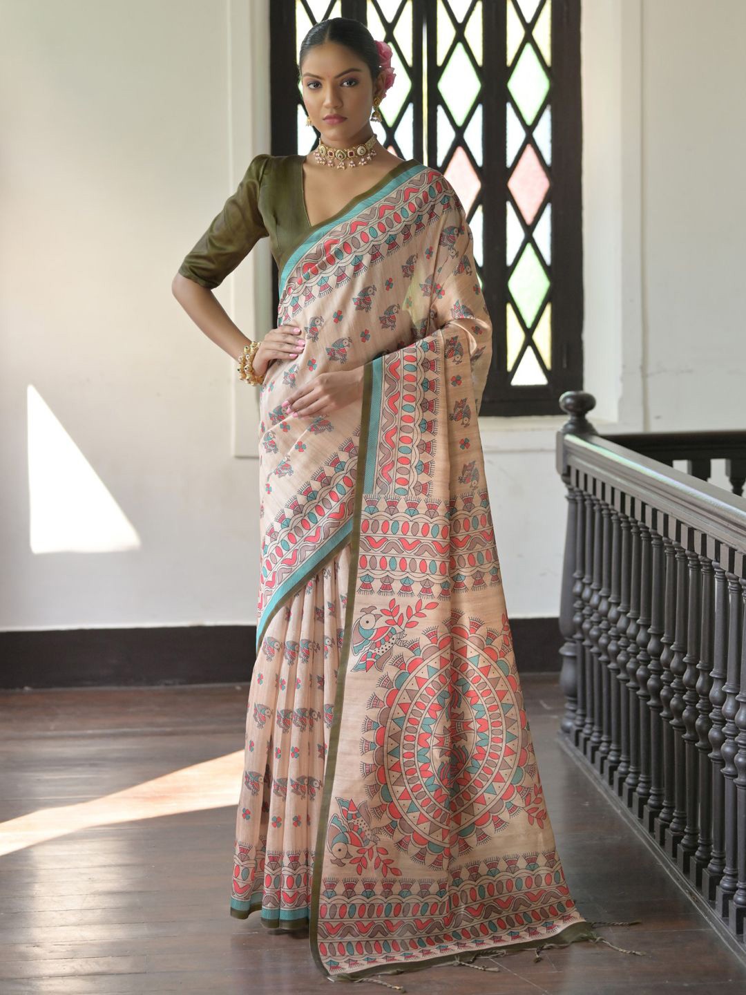 Panzora Ethnic Motifs Tussar Saree, Cream