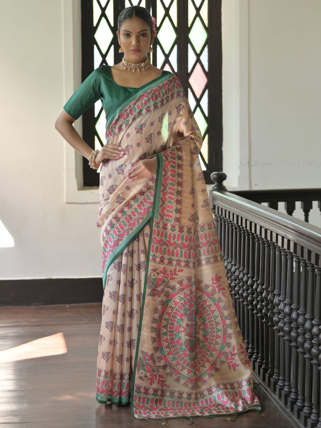 

Panzora Floral Tussar Saree, Green