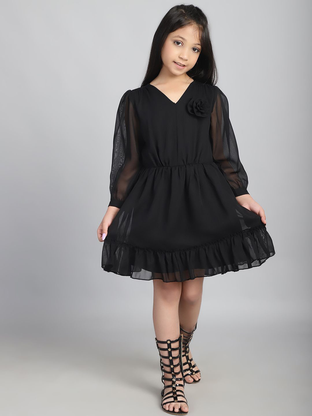 

Baawri Girls Puff Sleeve Fit & Flare Dress, Black