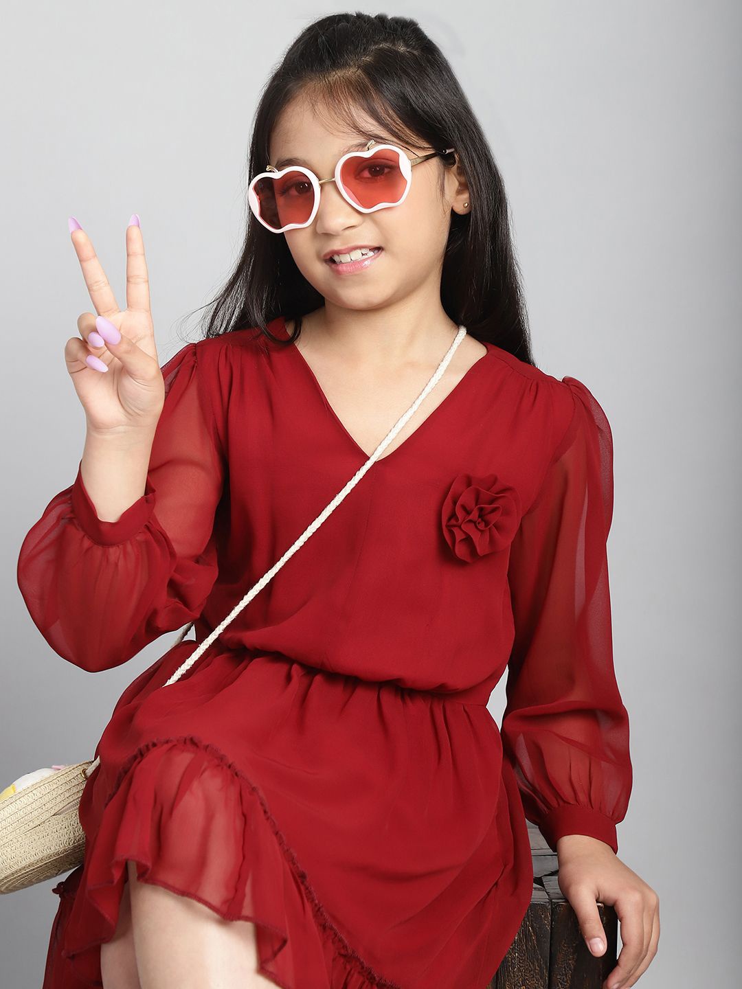 

Baawri Girls Puff Sleeve Fit & Flare Dress, Maroon
