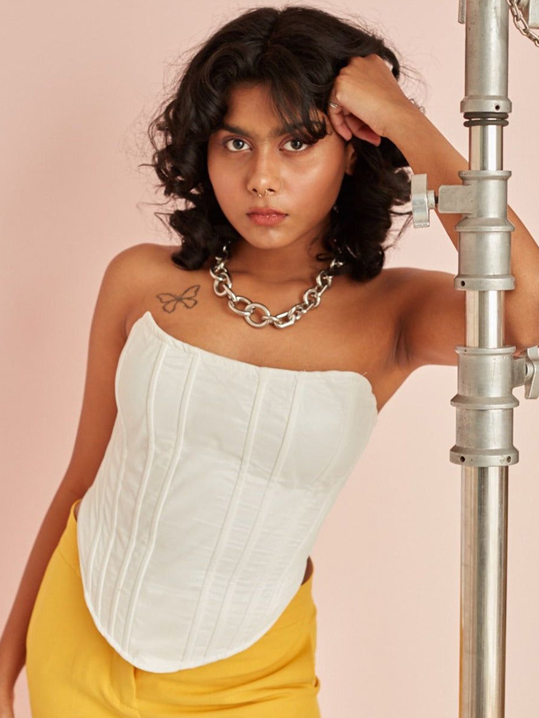 

Lea Clothing Co. Striped Off-Shoulder Corset Crop Top, White