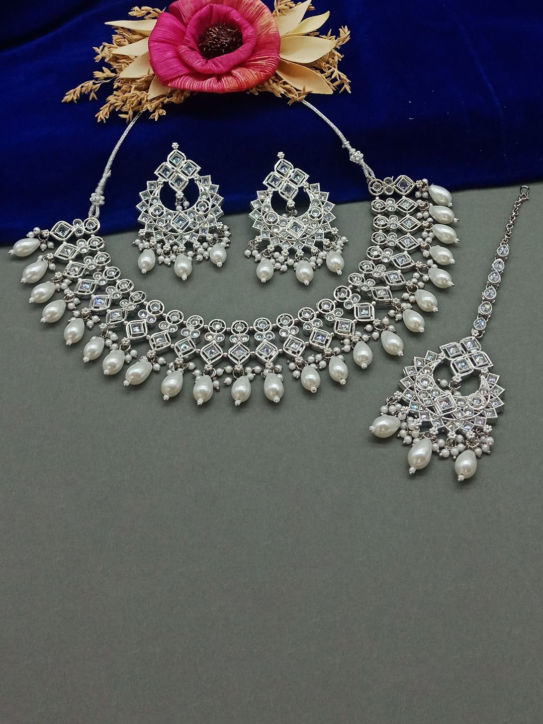 

AASHISH IMITATION Rhodium-Plated AD Stone Studded Necklace And Earrings With Maang Tika, Silver