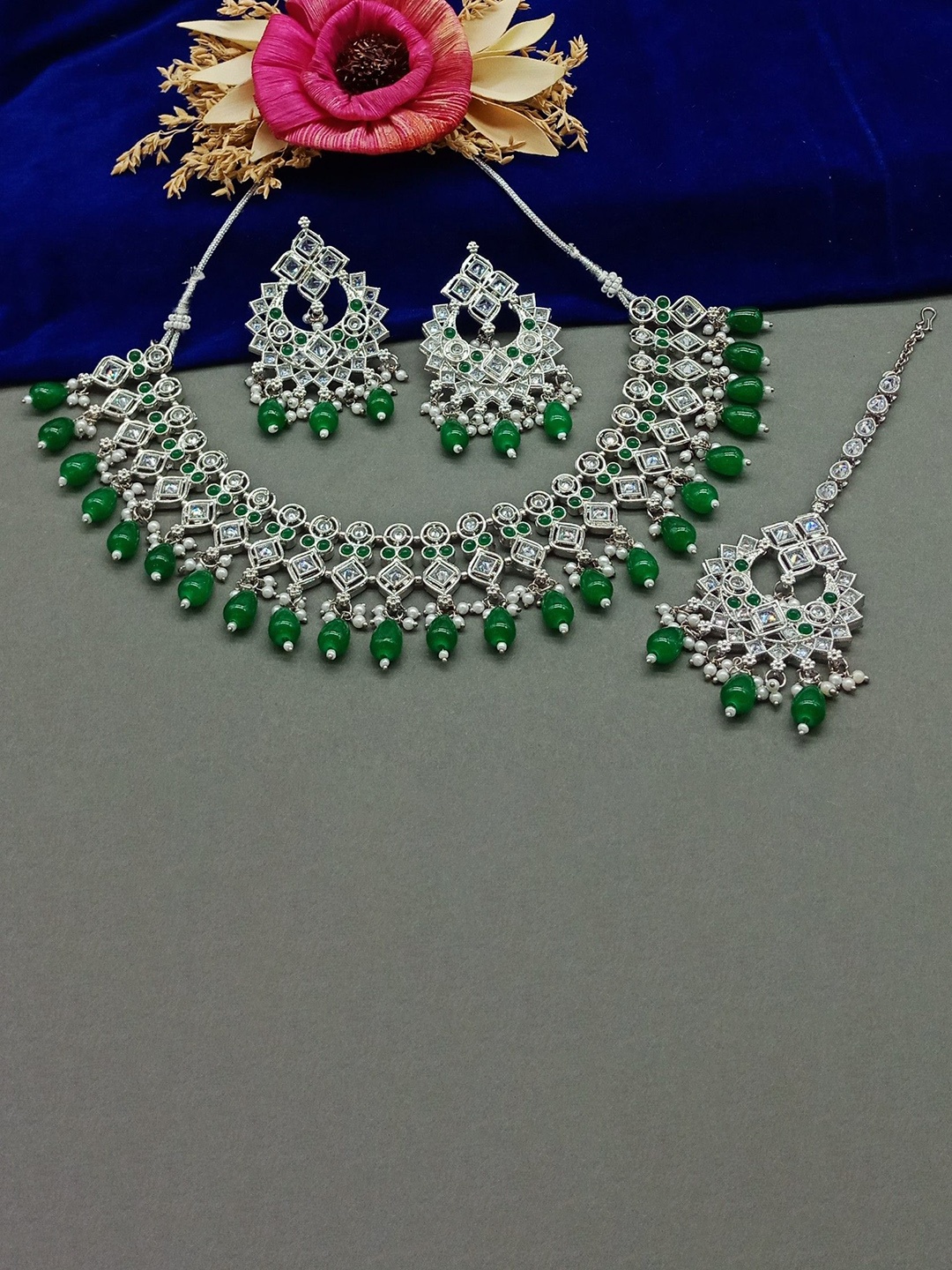 

AASHISH IMITATION Rhodium-Plated AD Stone Studded Necklace And Earrings With Maang Tika, Silver