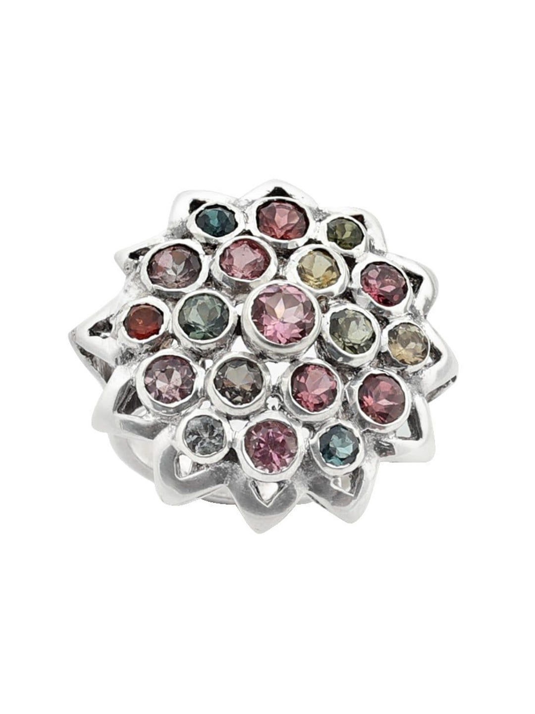 

Exotic India Multi Colored Tourmaline Stone Sterling Silver Floral Designer Ring