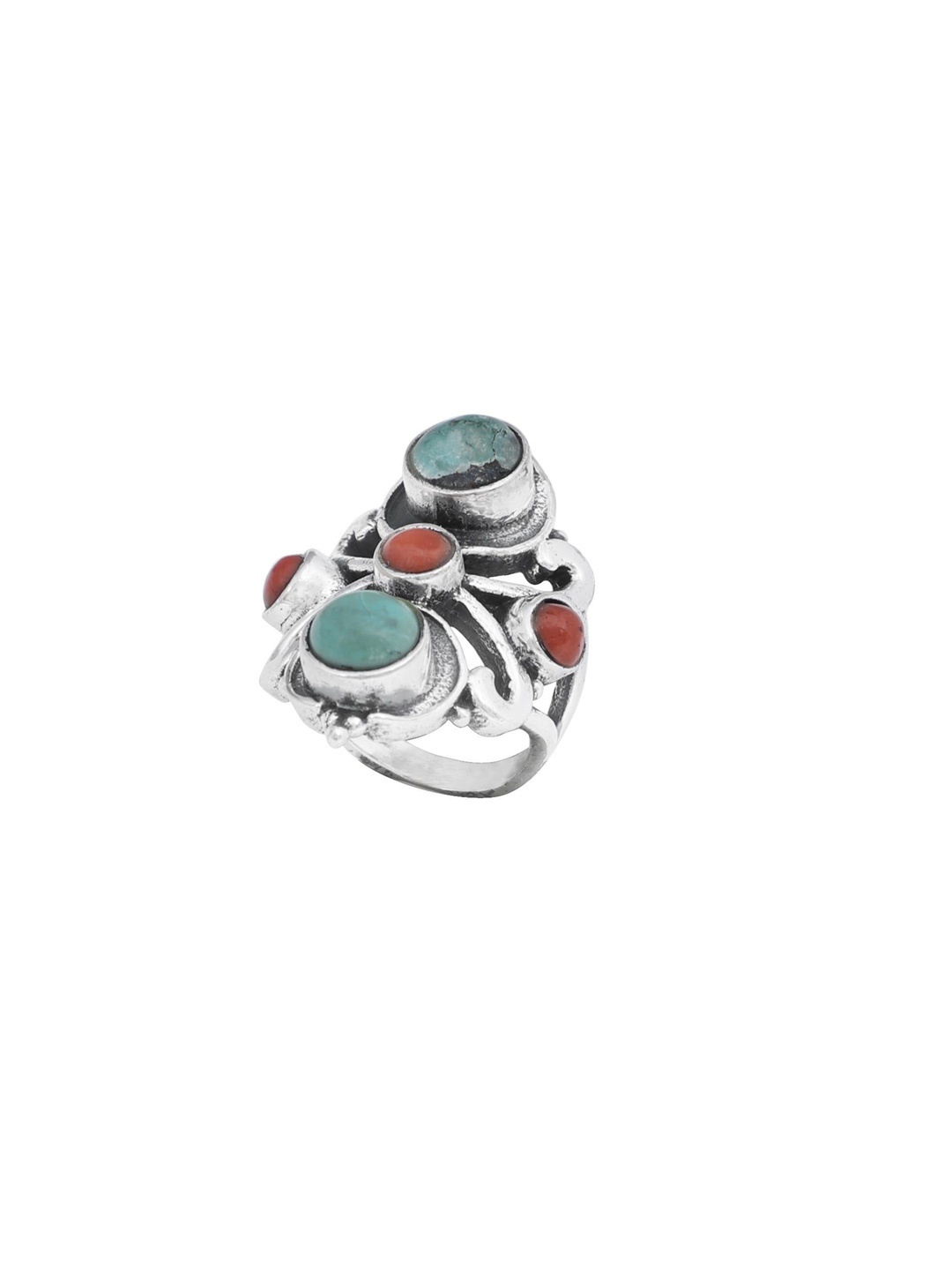 

Exotic India Turquoise with Coral Trio Gemstone Sterling Silver Ring