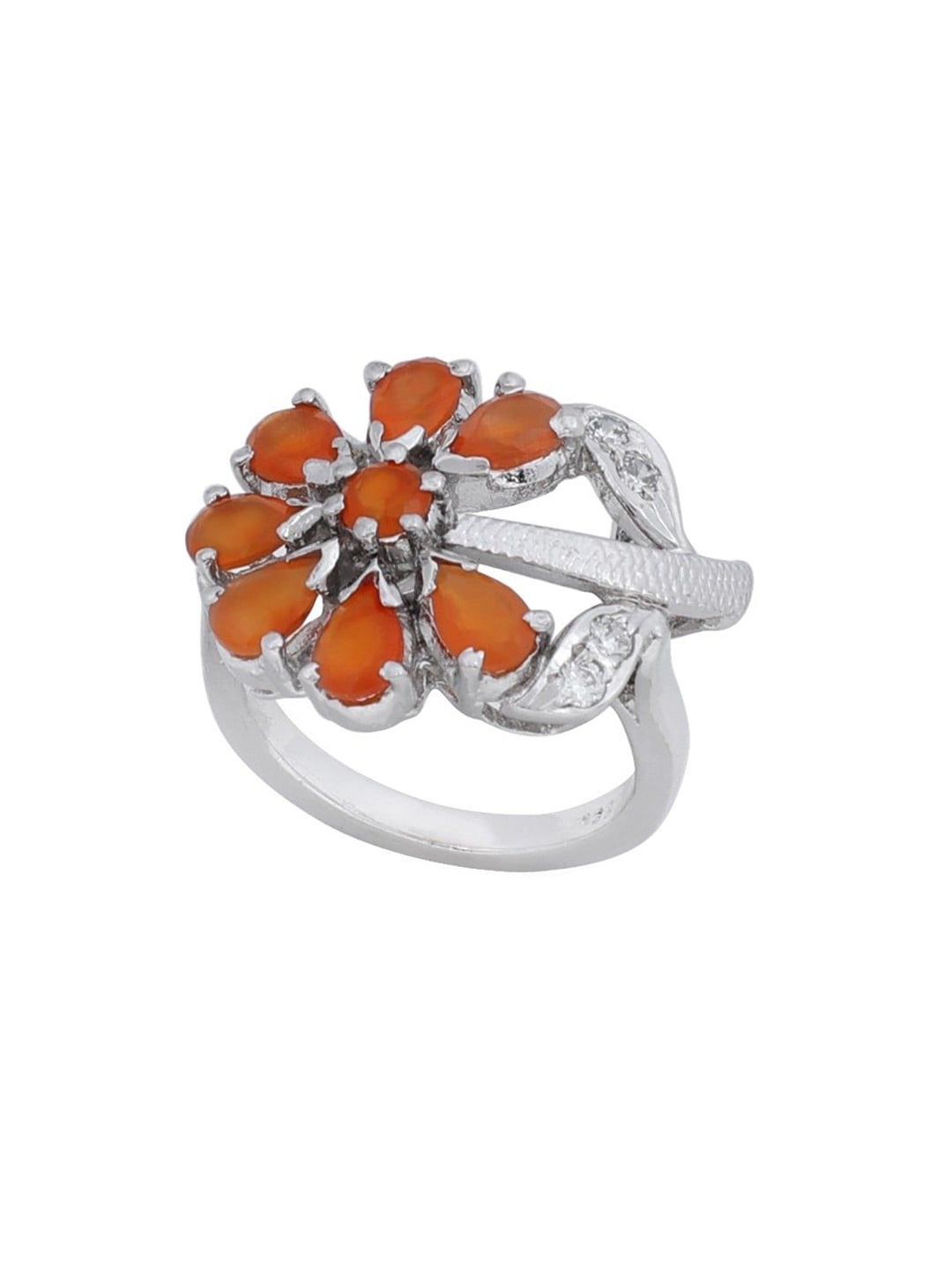 

Exotic India Faceted Carnelian and Cubic Zirconia Super Fine Sterling Silver Floral Ring