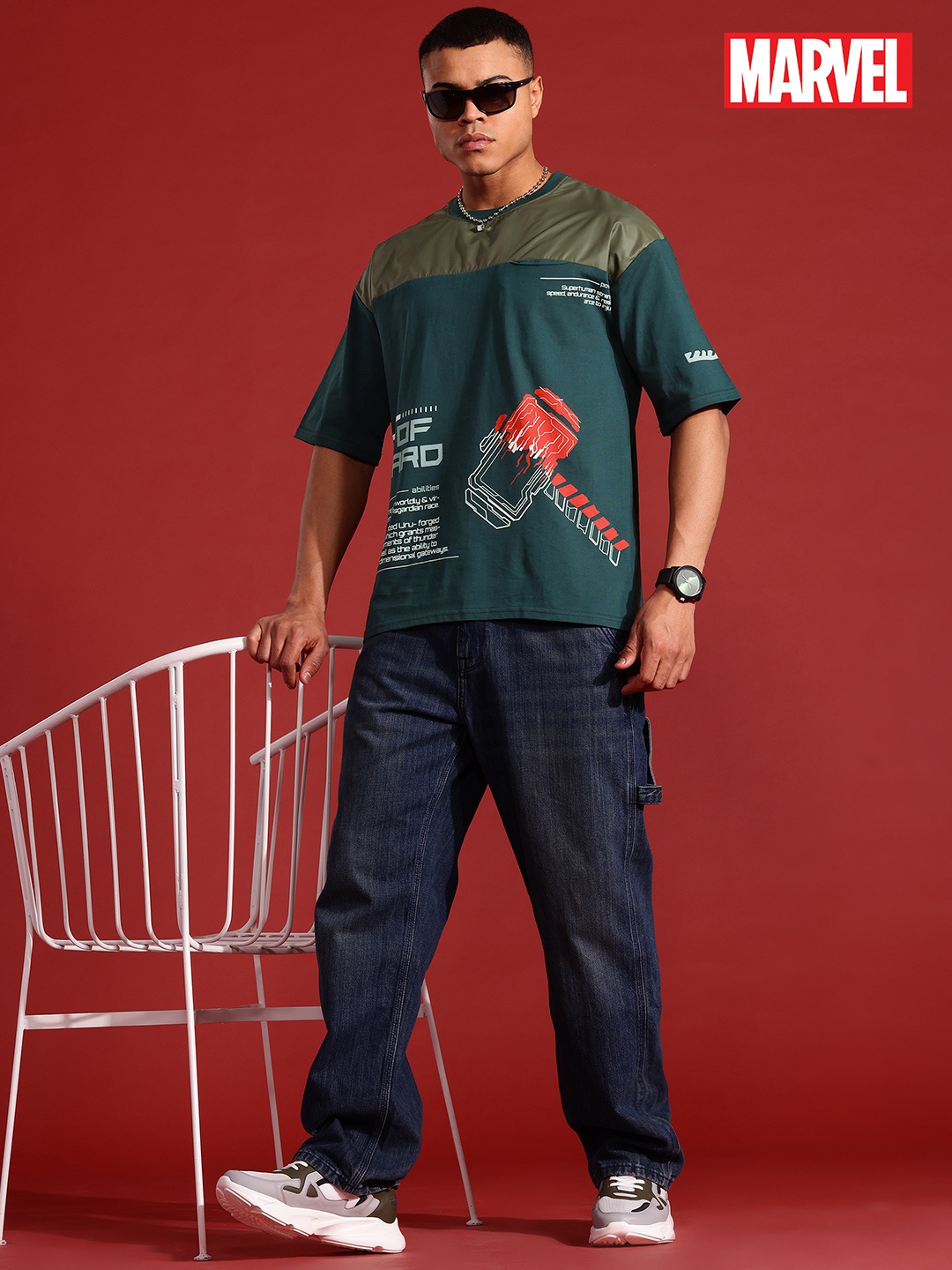 

MARVEL STREET Cyber Punk Typography Print Drop-Shoulder Sleeves Pure Cotton T-shirt, Green