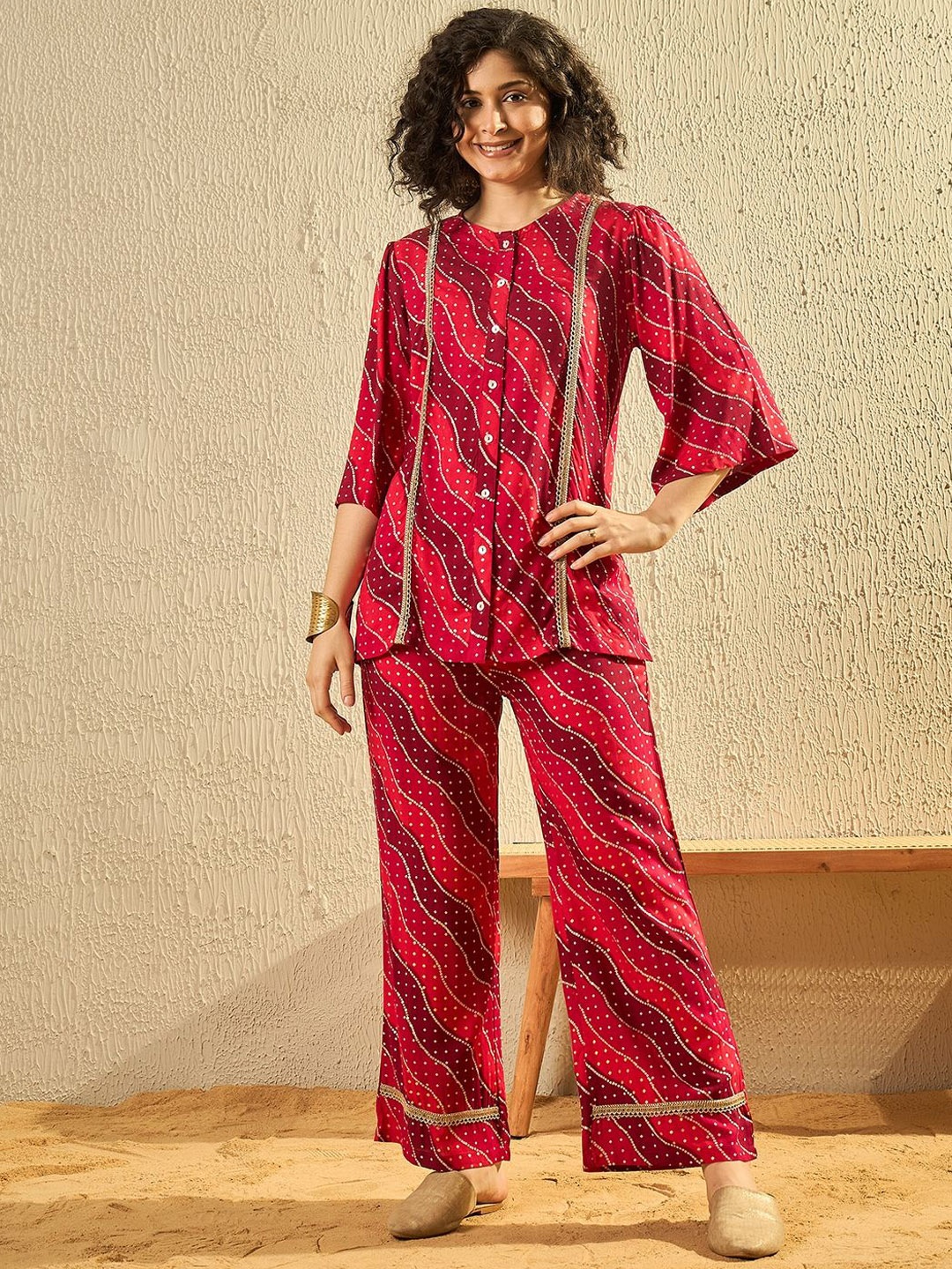 

Modeve Bandhani Printed Round Neck Shirt With Trousers, Red