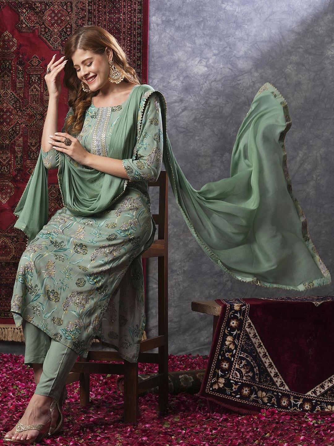 

Anni Designer Ethnic Motifs Printed Thread Work Straight Kurta With Trousers & Dupatta, Green