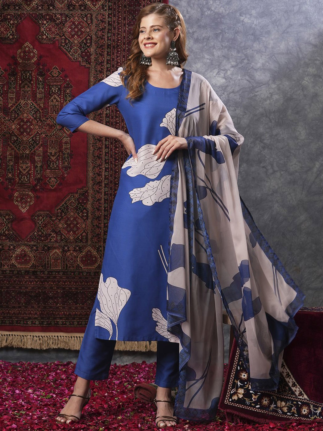

Anni Designer Floral Printed Straight Kurta With Trousers & Dupatta, Blue