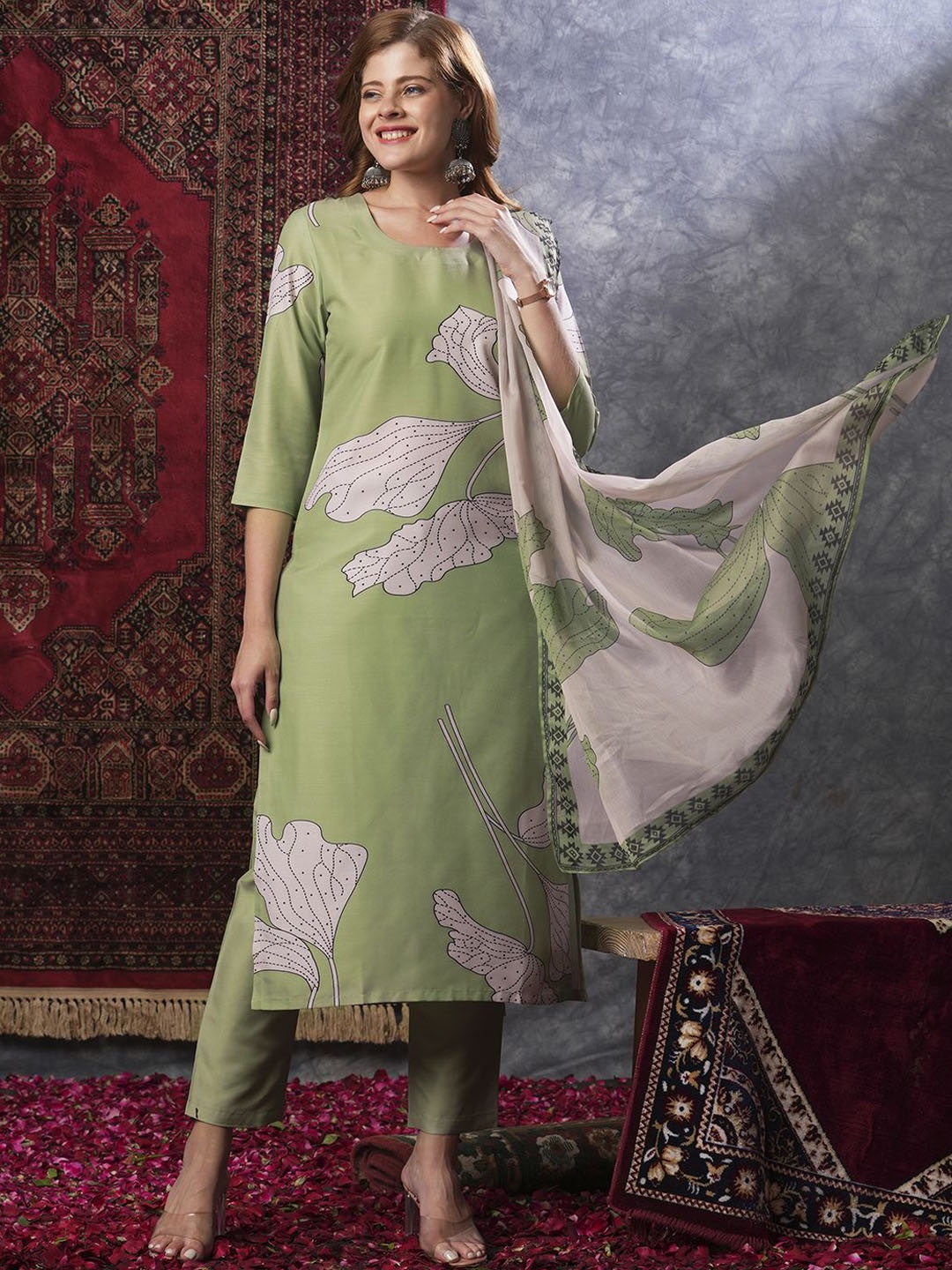 

Anni Designer Ethnic Motifs Printed Straight Kurta With Trousers & Dupatta, Green