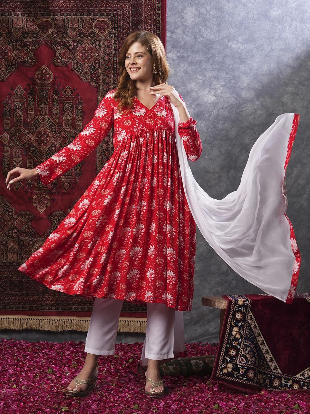 

Anni Designer Floral Printed Empire Anarkali Kurta With Trousers & Dupatta, Red