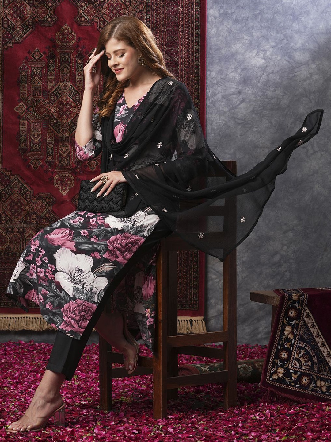 

Anni Designer Floral Printed Straight Kurta With Trousers & Dupatta, Black