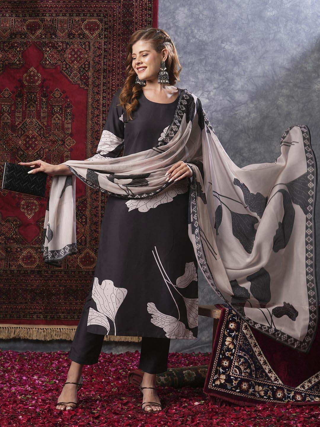 

Anni Designer Floral Printed Straight Kurta With Trousers & Dupatta, Black