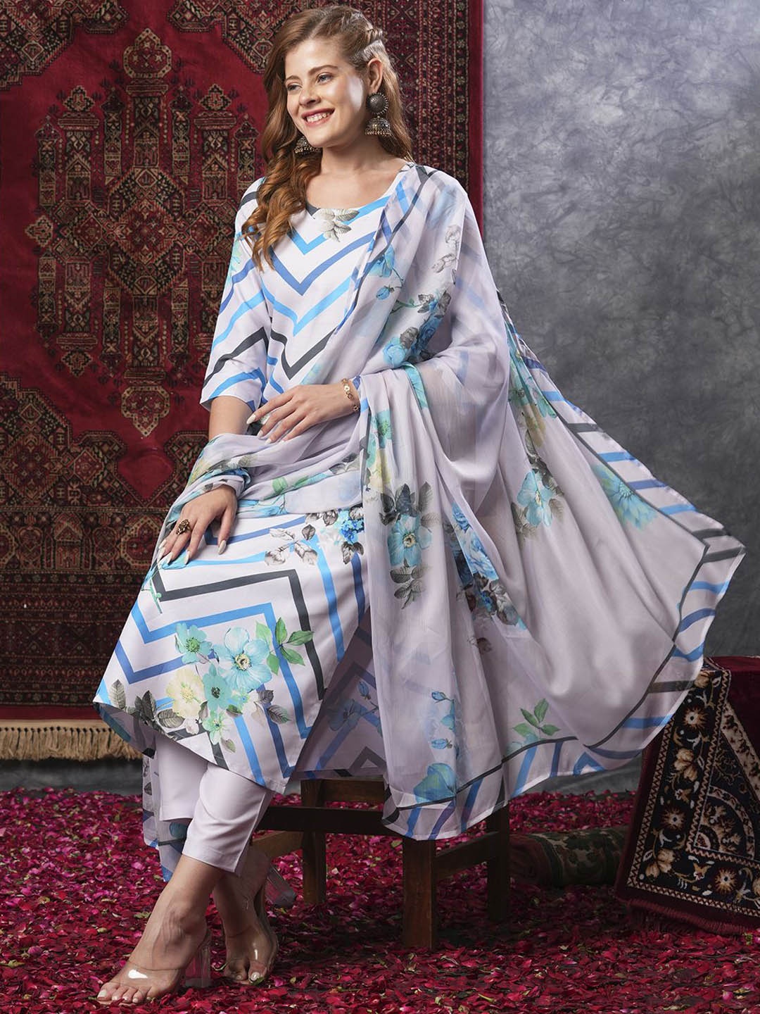

Anni Designer Floral Printed Straight Kurta With Trousers & Dupatta, Blue