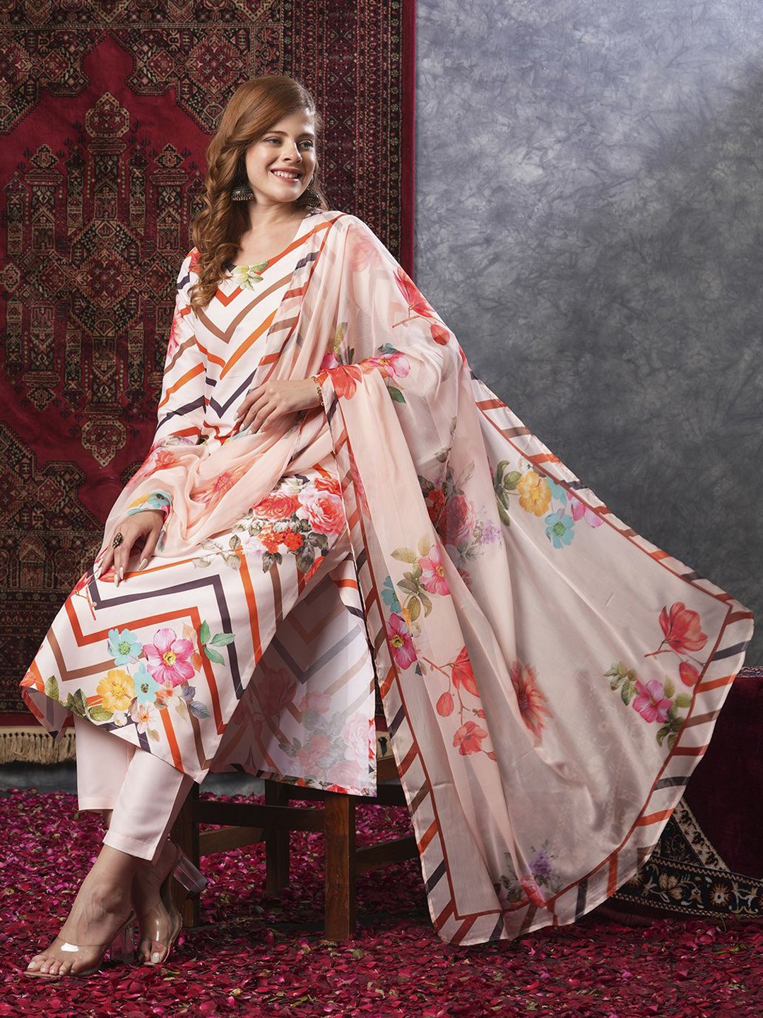 

Anni Designer Floral Printed Straight Kurta With Trousers & Dupatta, Peach