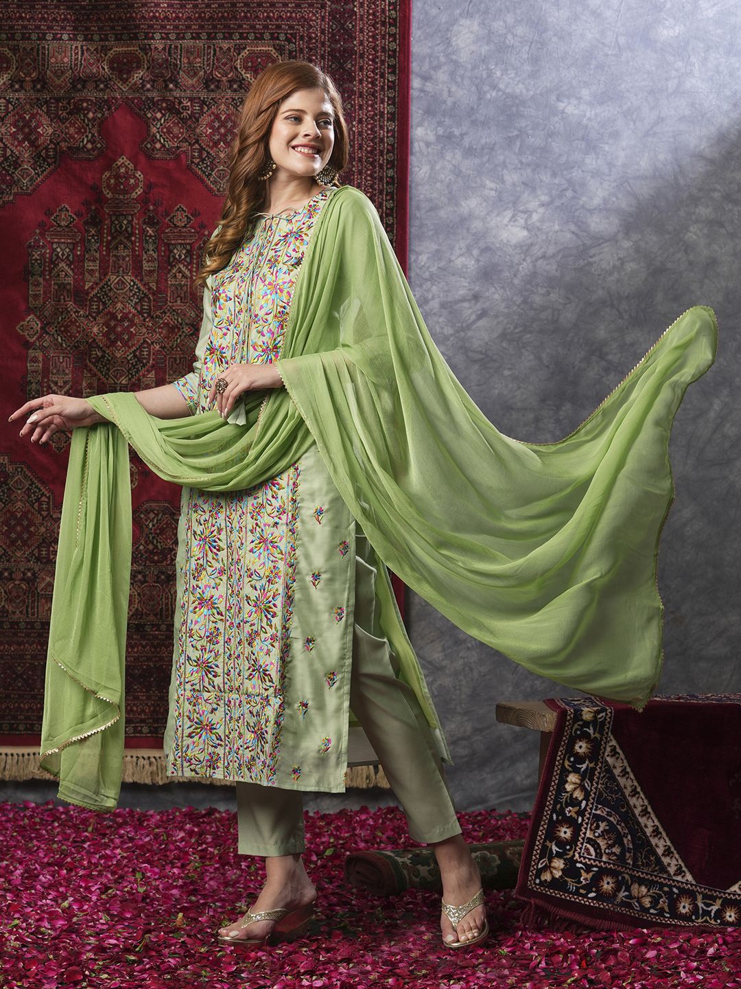 

Anni Designer Ethnic Motifs Embroidered Thread Work Straight Kurta With Trousers & Dupatta, Green