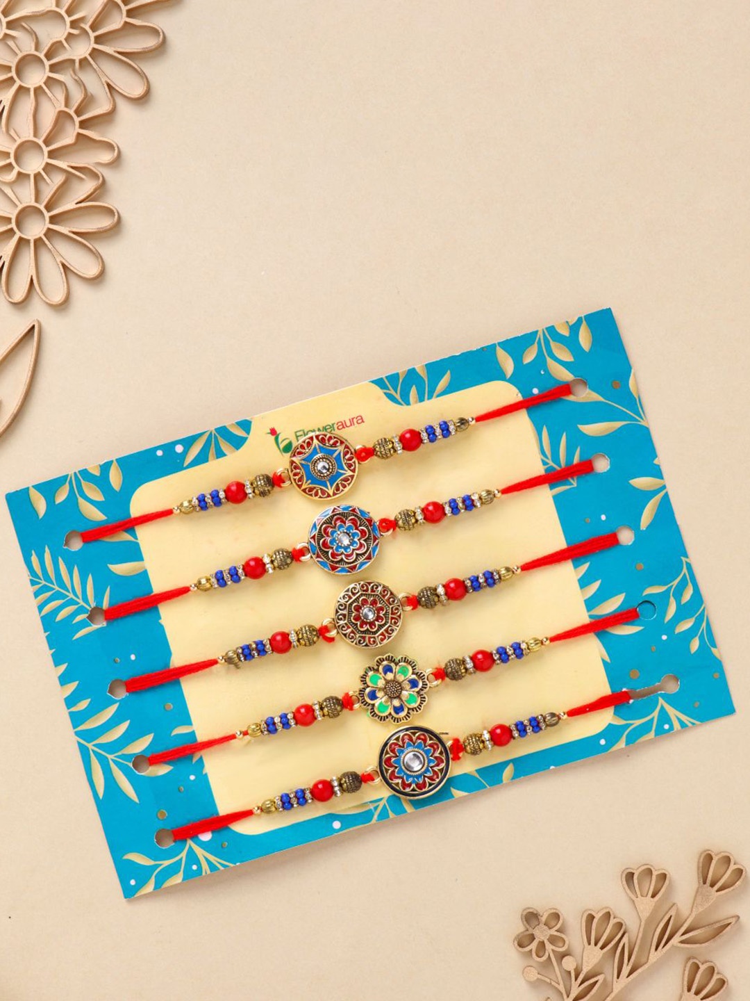 

Floweraura Set Of 5 Stone Studded & Beaded Thread Rakhis With Roli Chawal, Red