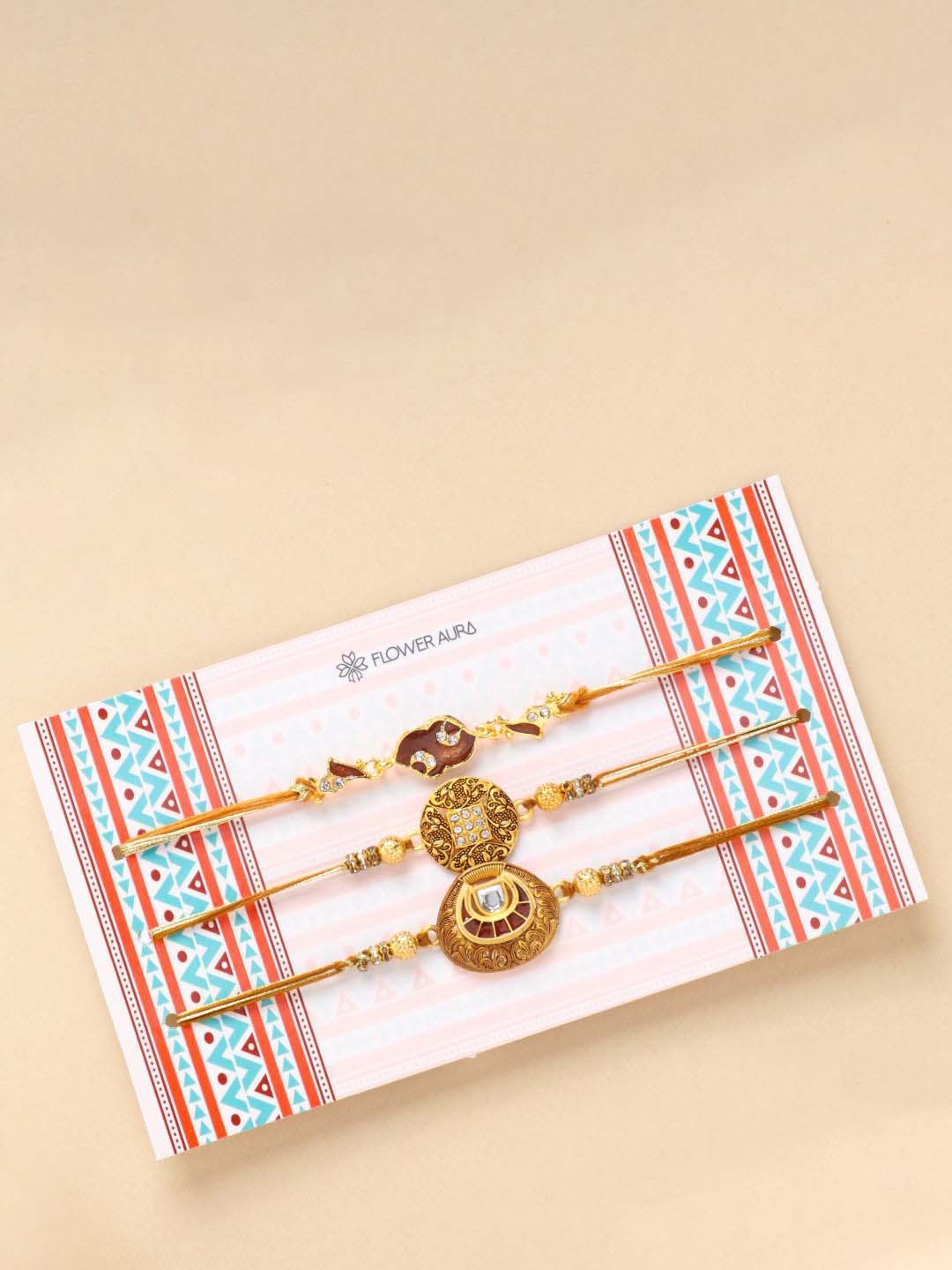 

Floweraura Set of 3 Beaded Thread Rakhis with Roli Chawal, Yellow