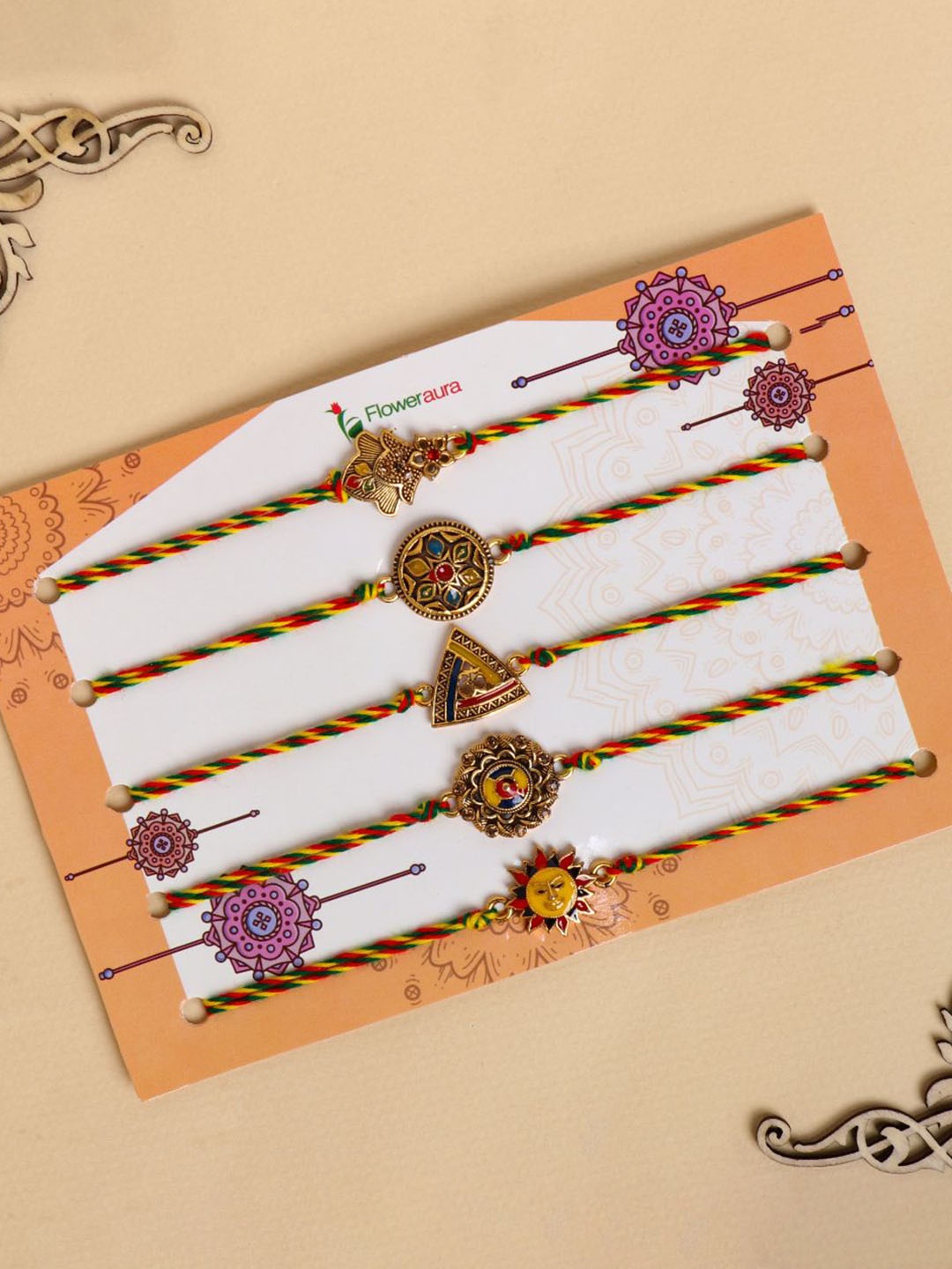 

Floweraura Set Of 5 Charm Thread Rakhis With Roli Chawal, Yellow