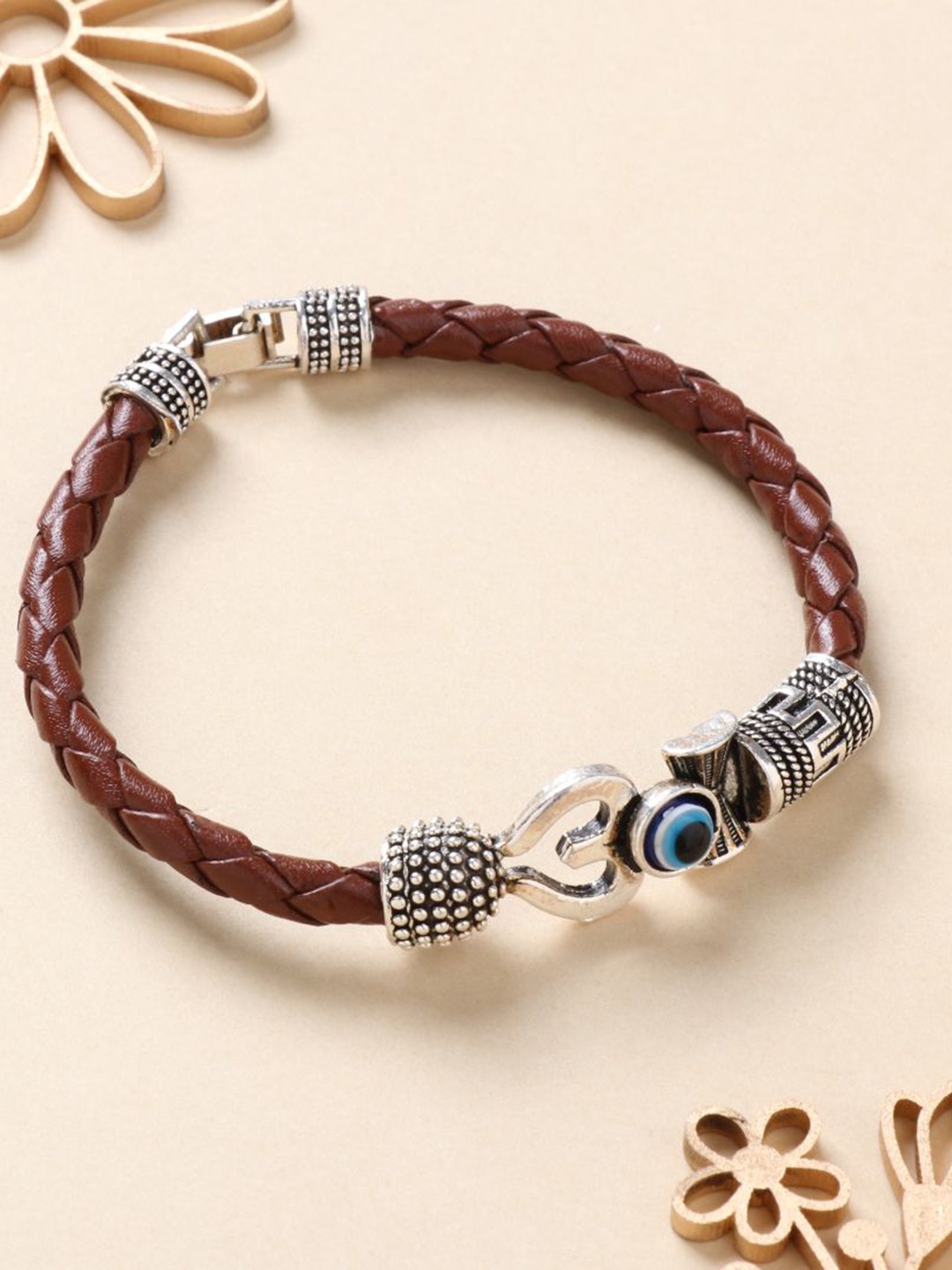 

Floweraura Evil Eye Beaded Leather Bracelet Rakhi With Roli Chawal, Silver