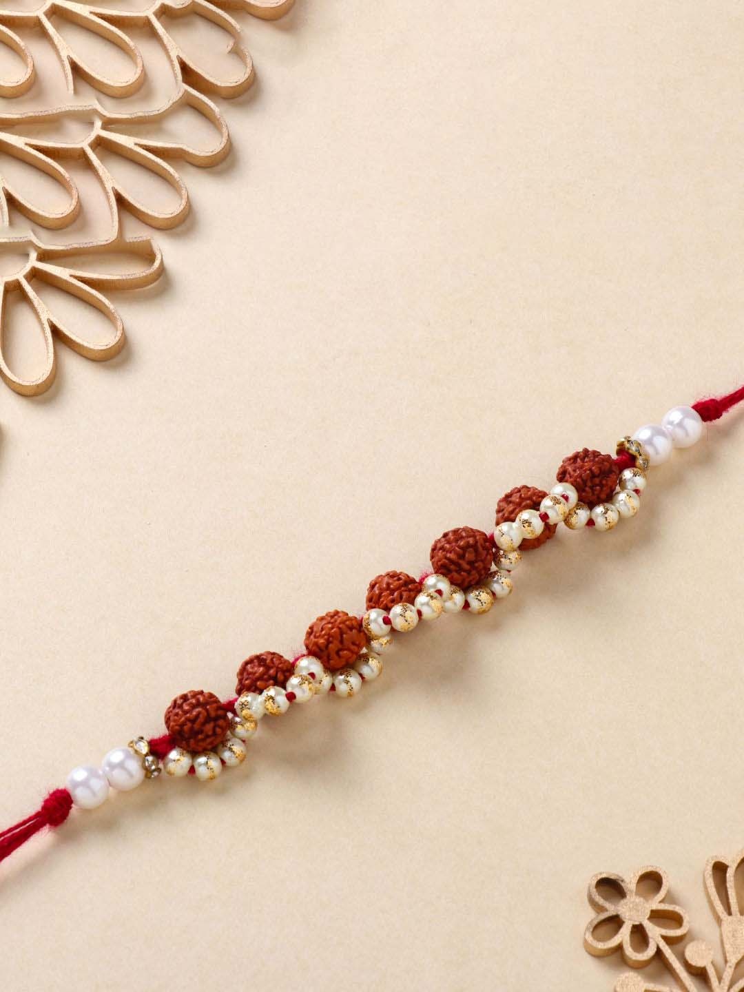 

Floweraura Rudraksh Beaded Thread Rakhi With Roli Chawal, Brown