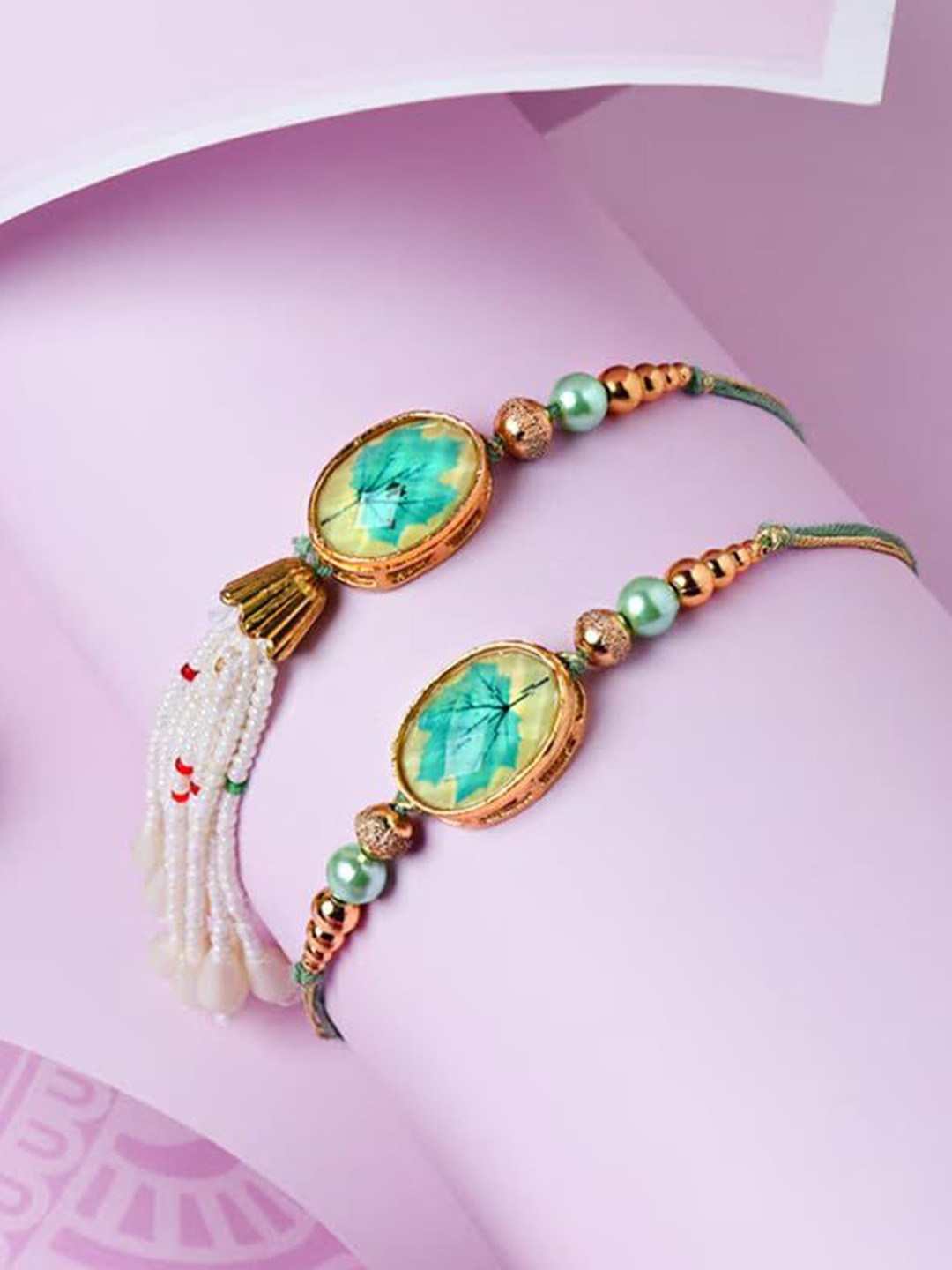 

Floweraura Leaf Imprinted Pearl Beaded Bhaiya & Bhabhi Thread Rakhis With Roli Chawal, White