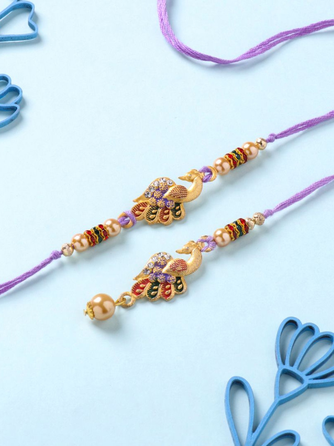 

Floweraura Set Of 2 Peacock Beaded Bhaiya Bhabhi Rakhi With Roli & Chawal, Purple