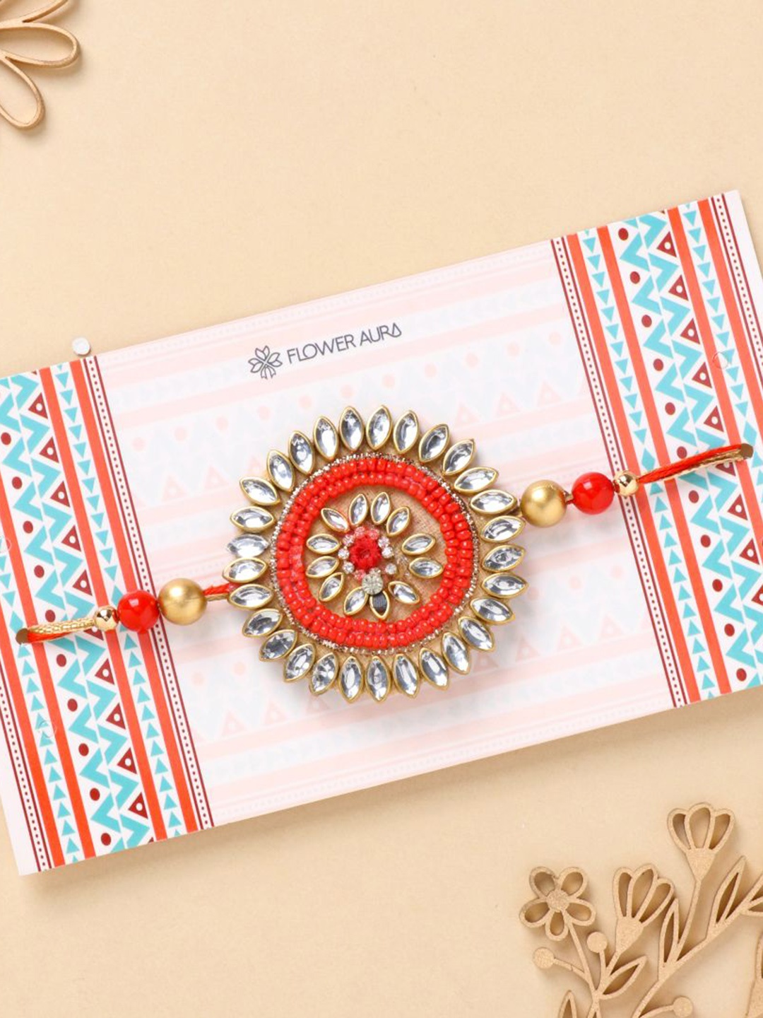 

Floweraura Beaded Artwork Zardosi Thread Rakhi with Roli Chawal, Red