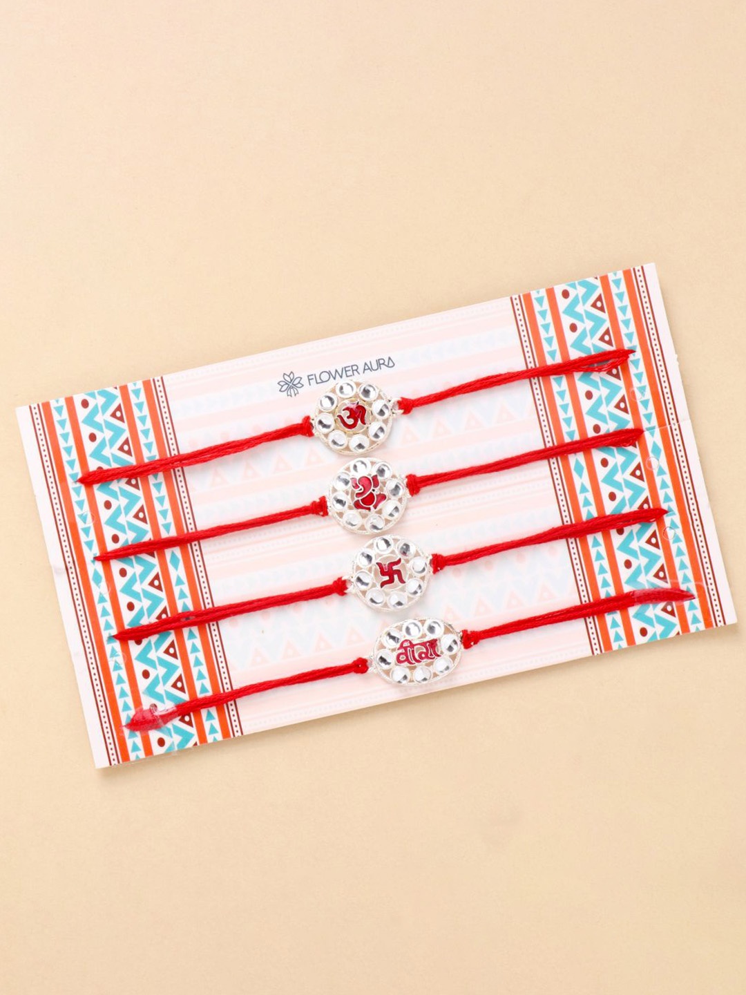

Floweraura Set Of 4 Thread Rakhi With Roli & Chawal, Red