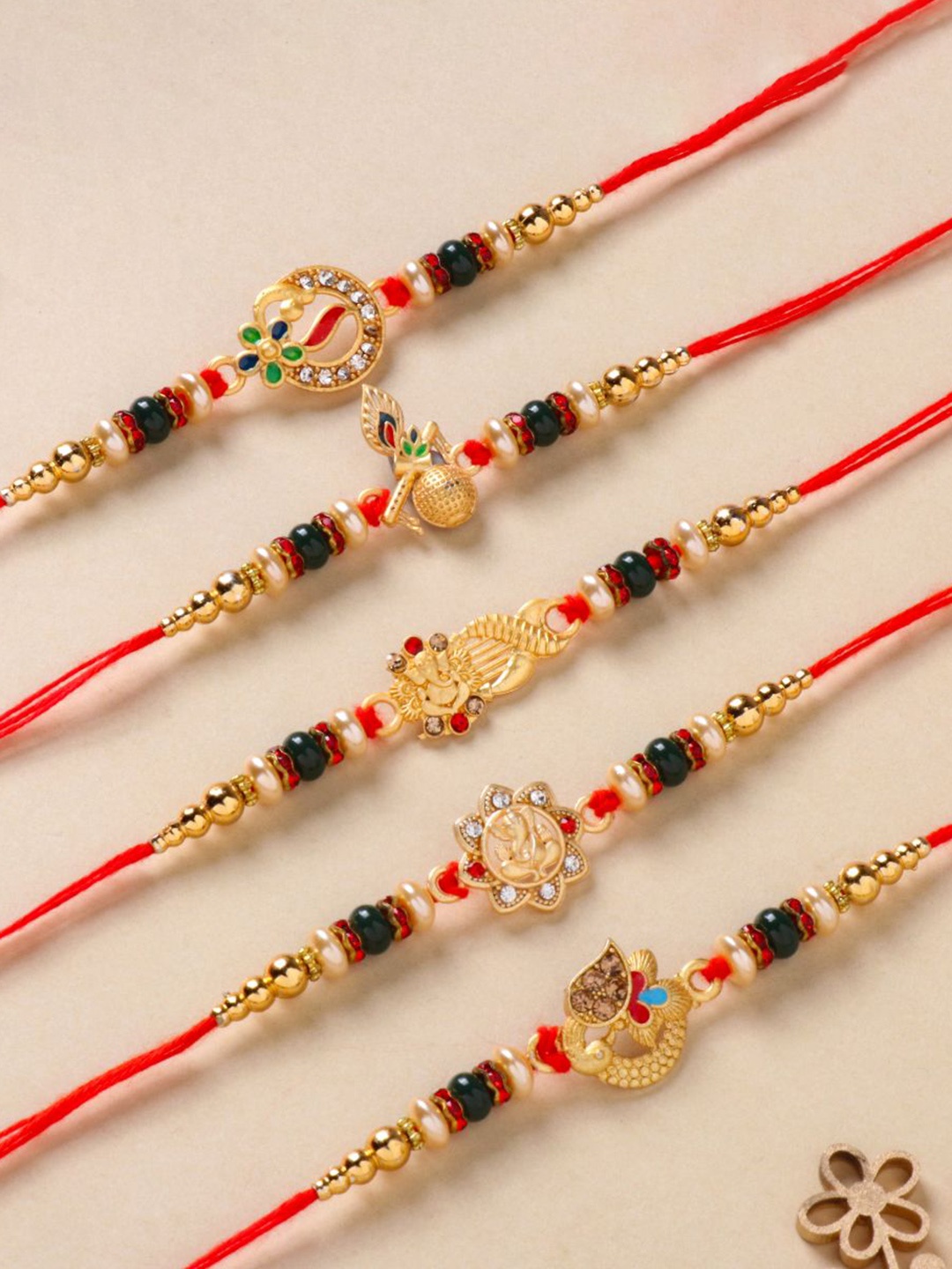 

Floweraura Set Of 5 Beaded Thread Rakhi With Roli & Chawal, Red