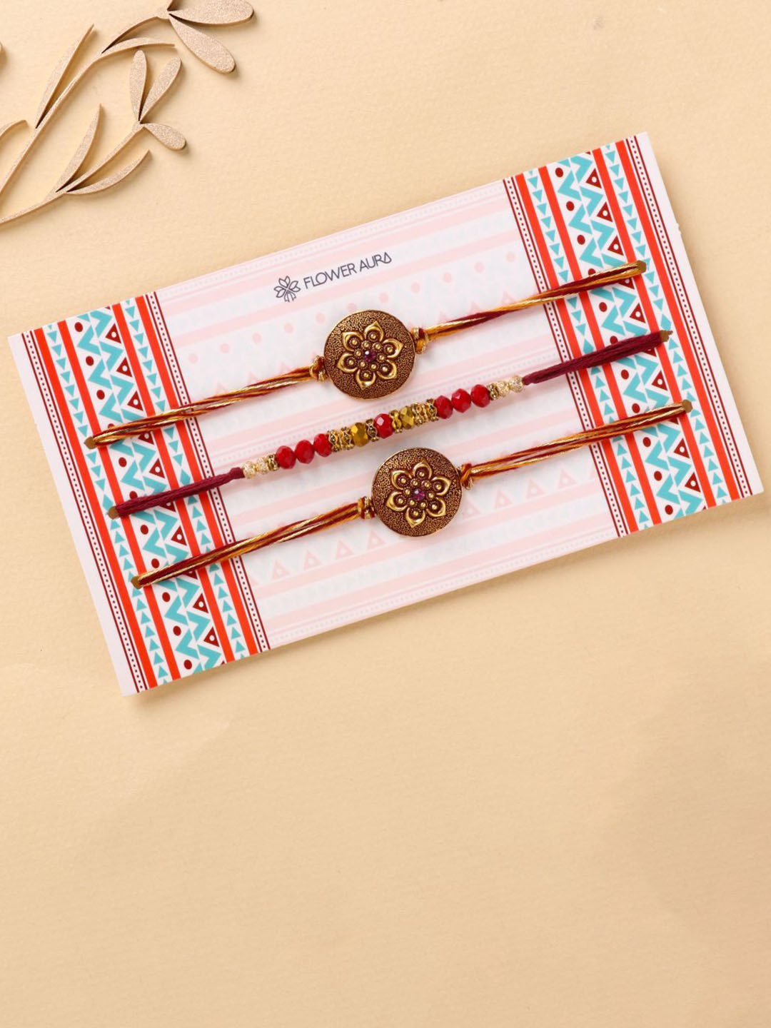 

Floweraura Set Of 3 Mandala Thread Rakhi With Roli & Chawal, Red
