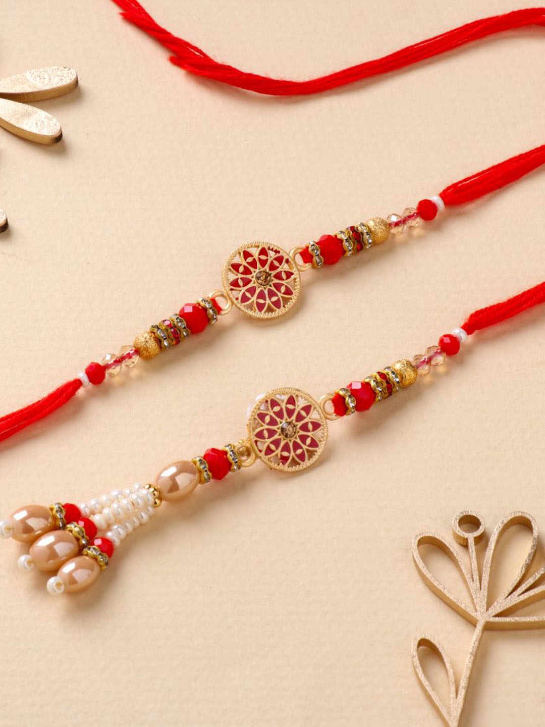 

Floweraura Beaded Pearl Bhaiya Bhabhi Thread Rakhis, Red