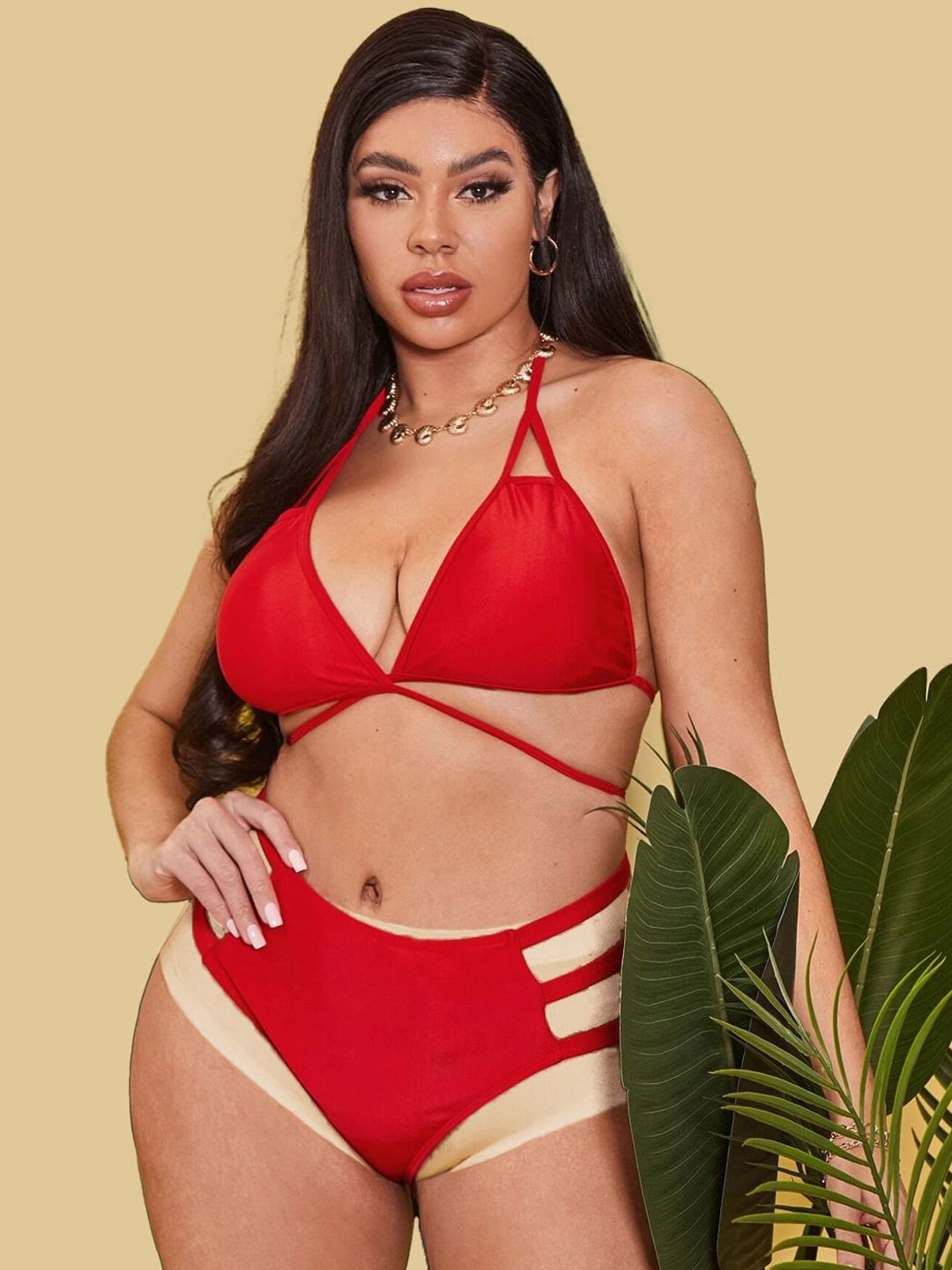 

VAGHBHATT Women Non-Padded Cut Out Halter Neck Bikini Lingerie Set, Red