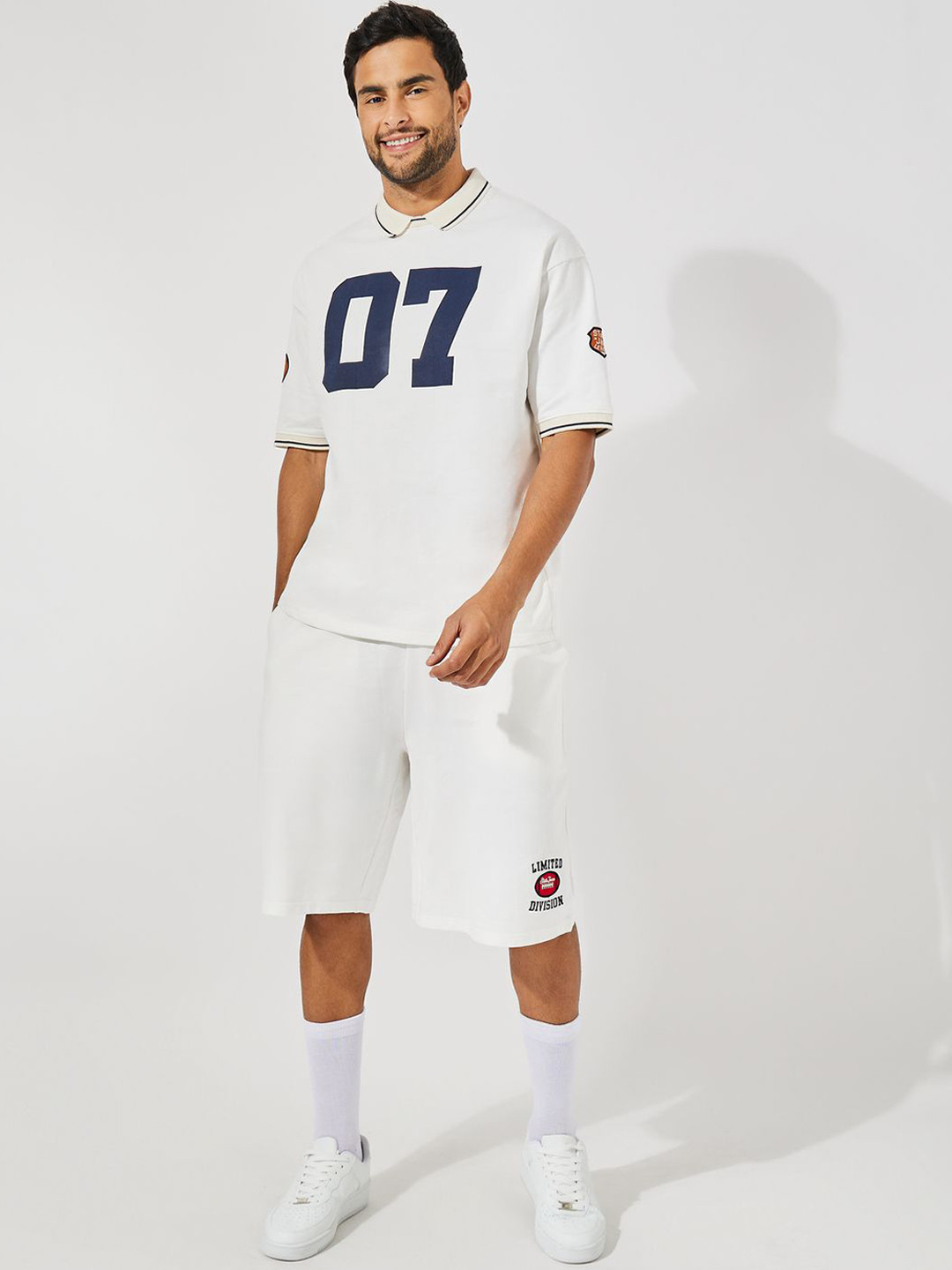 

Styli Premium Terry Knit Oversize Polo And Oversized Varsity Short Pure Cotton Co-Ords, Off white