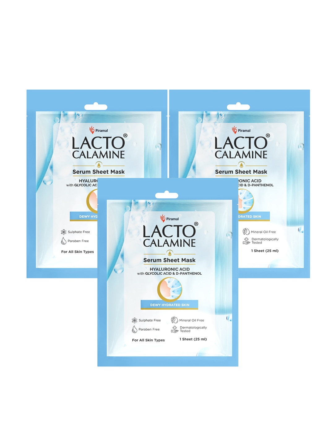 

Lacto Calamine Set Of 3 Hyaluronic Acid Serum Sheet Mask For Dewy Hydrated Skin- 25ml Each, Blue