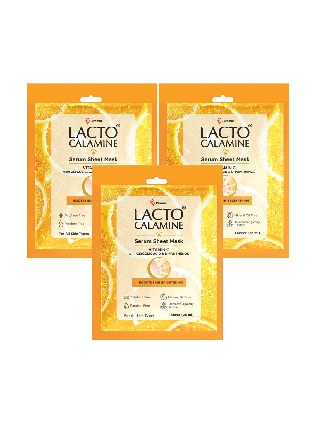 

Lacto Calamine 3Pcs Vitamin C Serum Sheet Mask With Glycolic Acid & D-Panthenol- 25ml Each, Orange