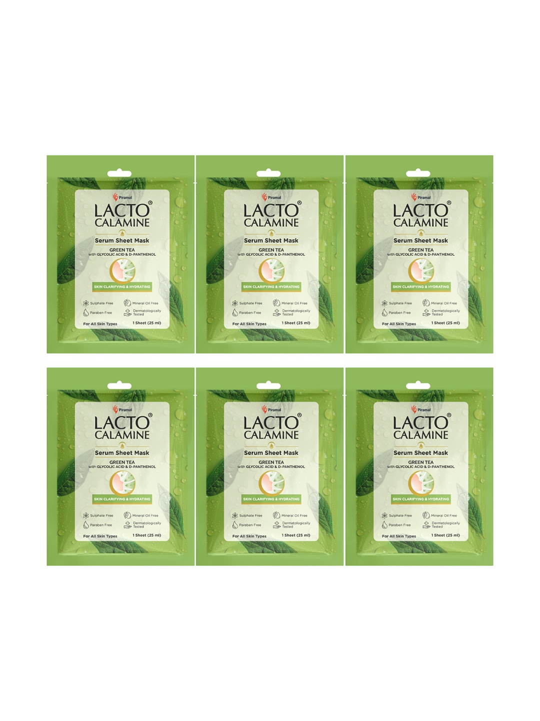 

Lacto Calamine 6Pcs Green Tea Serum Sheet Mask For Skin Clarifiying & Hydrating- 25ml Each