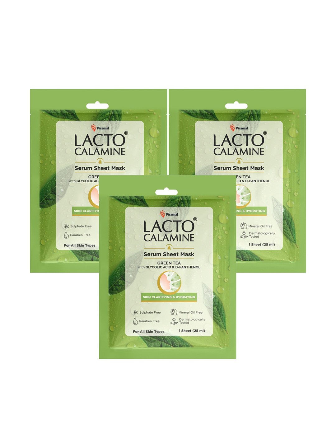 

Lacto Calamine 3Pcs Green Tea Serum Sheet Mask For Skin Clarifiying & Hydrating- 25ml Each