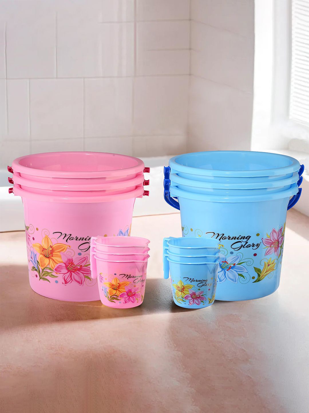 

Kuber Industries Pink & Blue 12 Pieces Floral Printed Buckets With Mugs