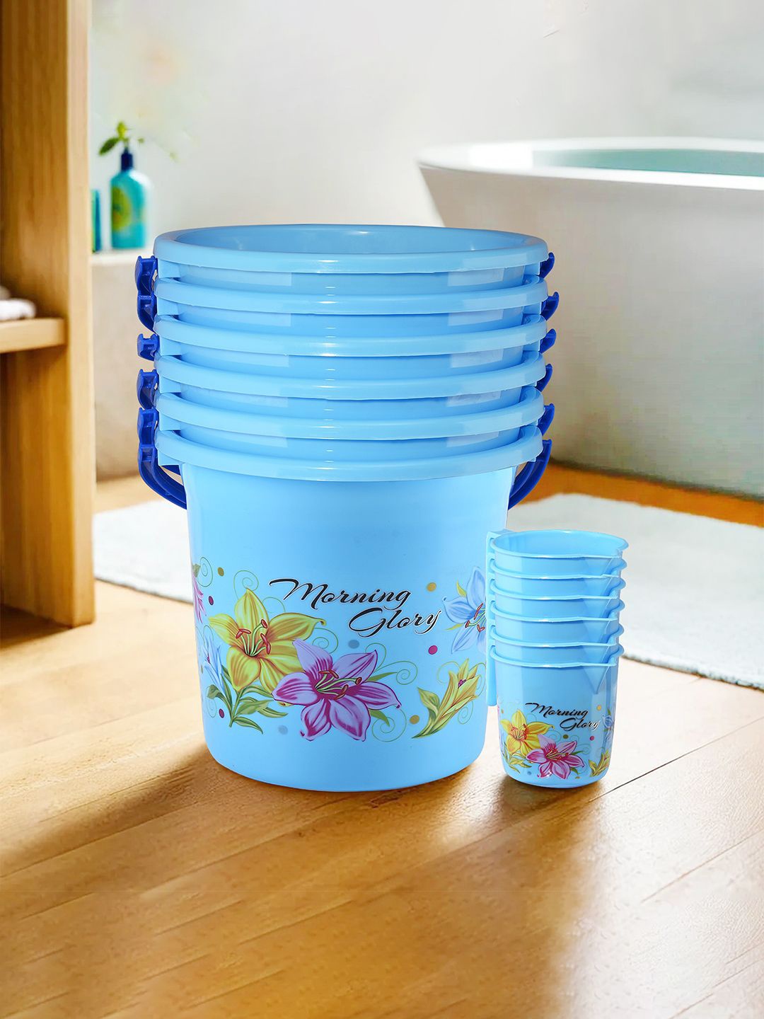 Kuber Industries Blue & Pink 12 Pieces Floral Printed Bucket With Mugs